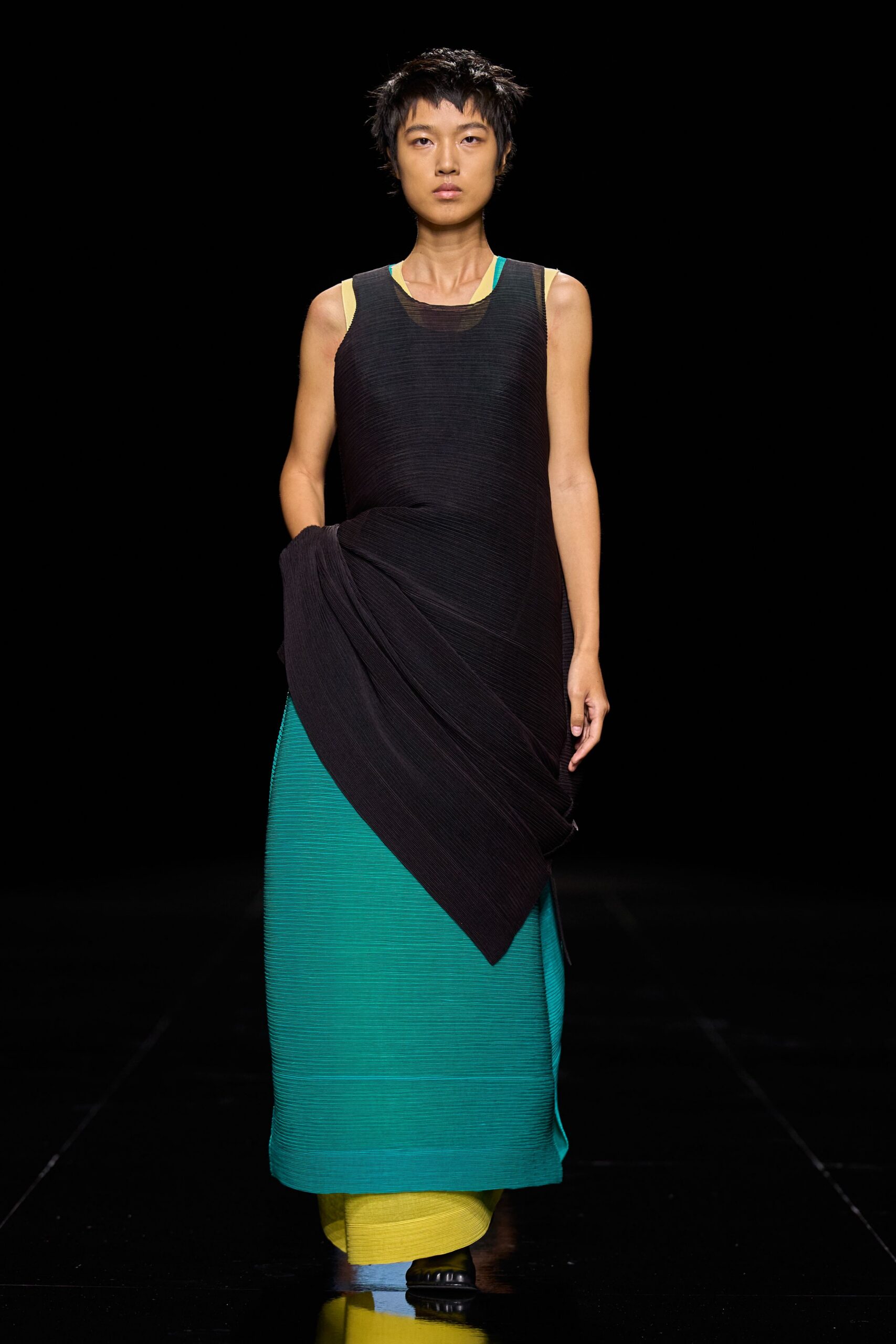 pleated draped color-block maxi dress