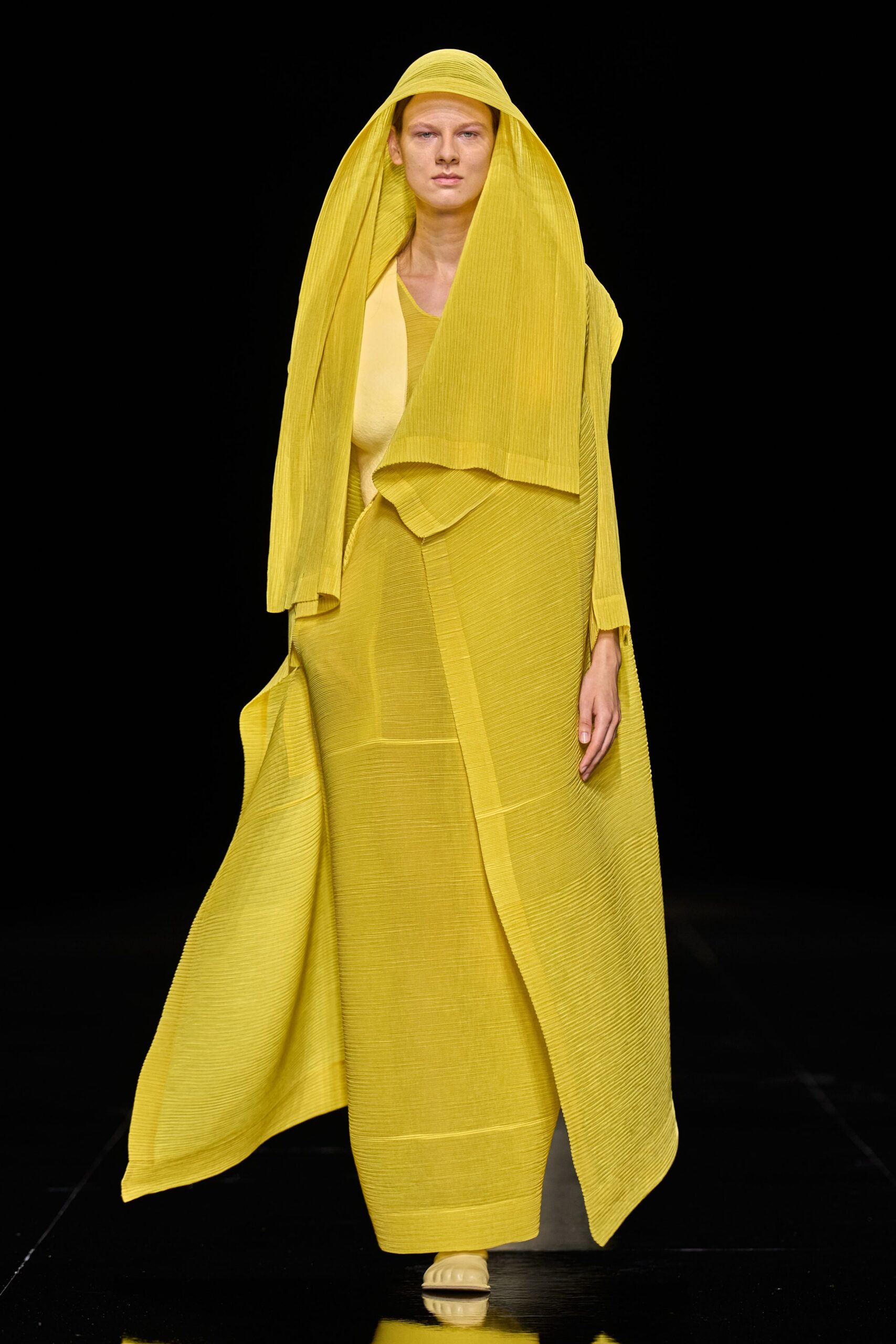 pleated yellow wrap coat