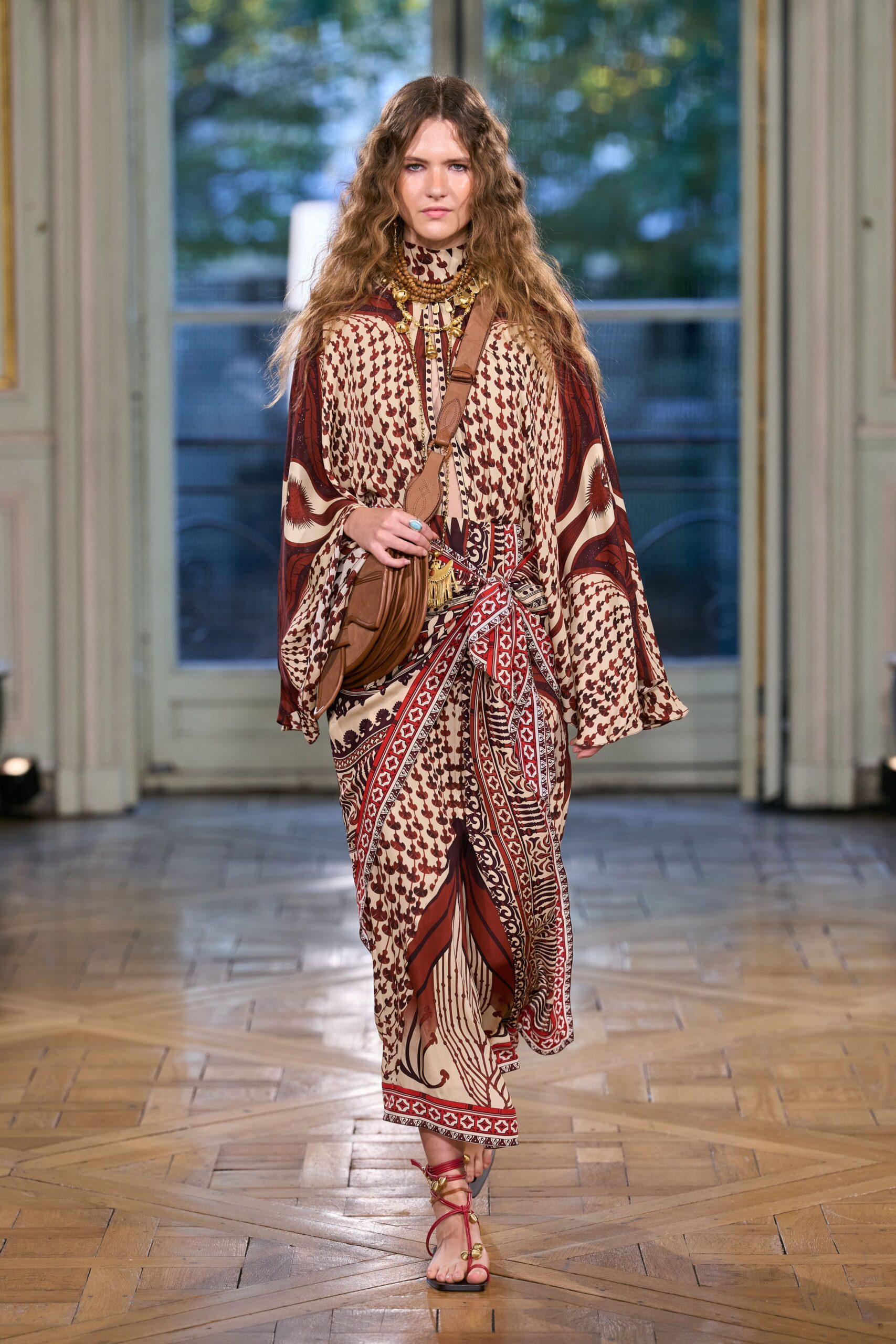 ivory silk high-neck long-sleeve printed draped flowing dress