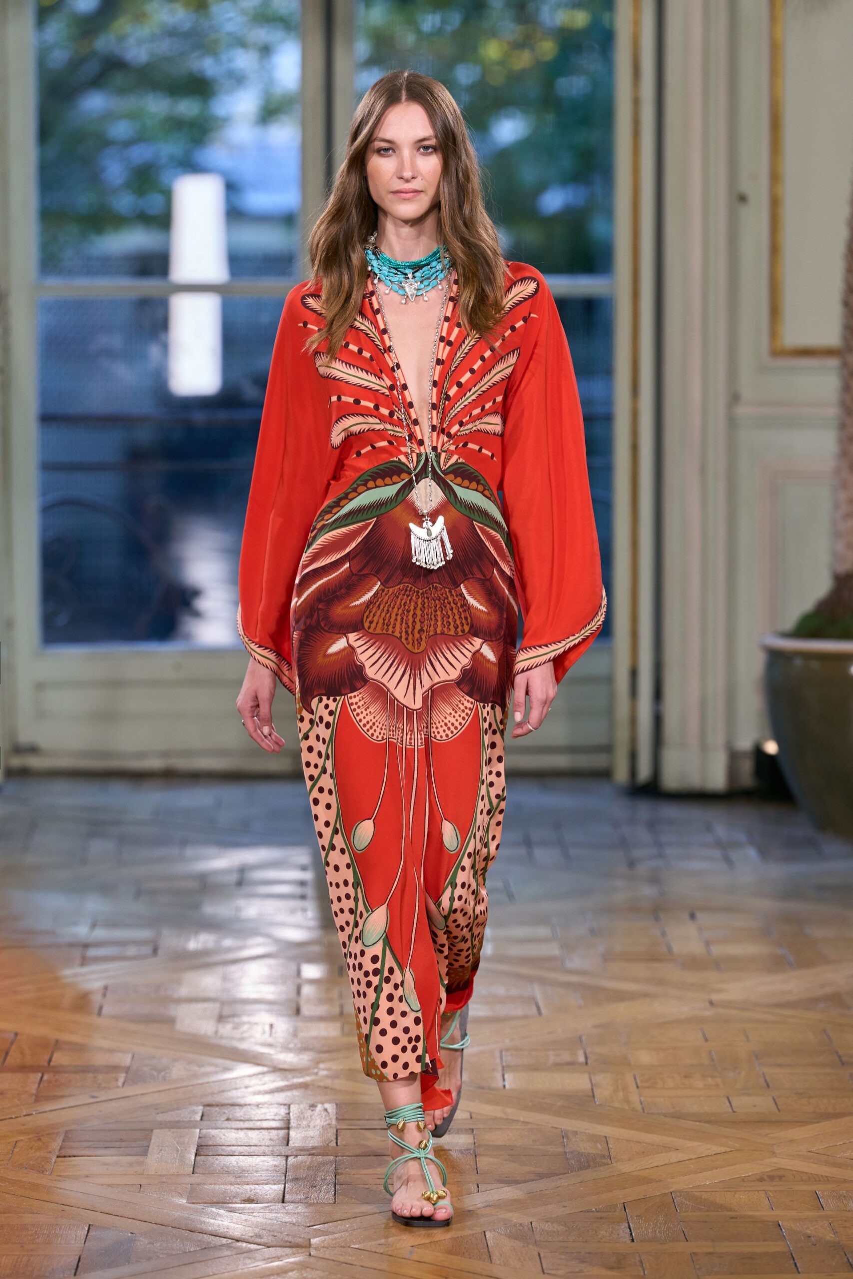 butterfly-print red silk maxi dress