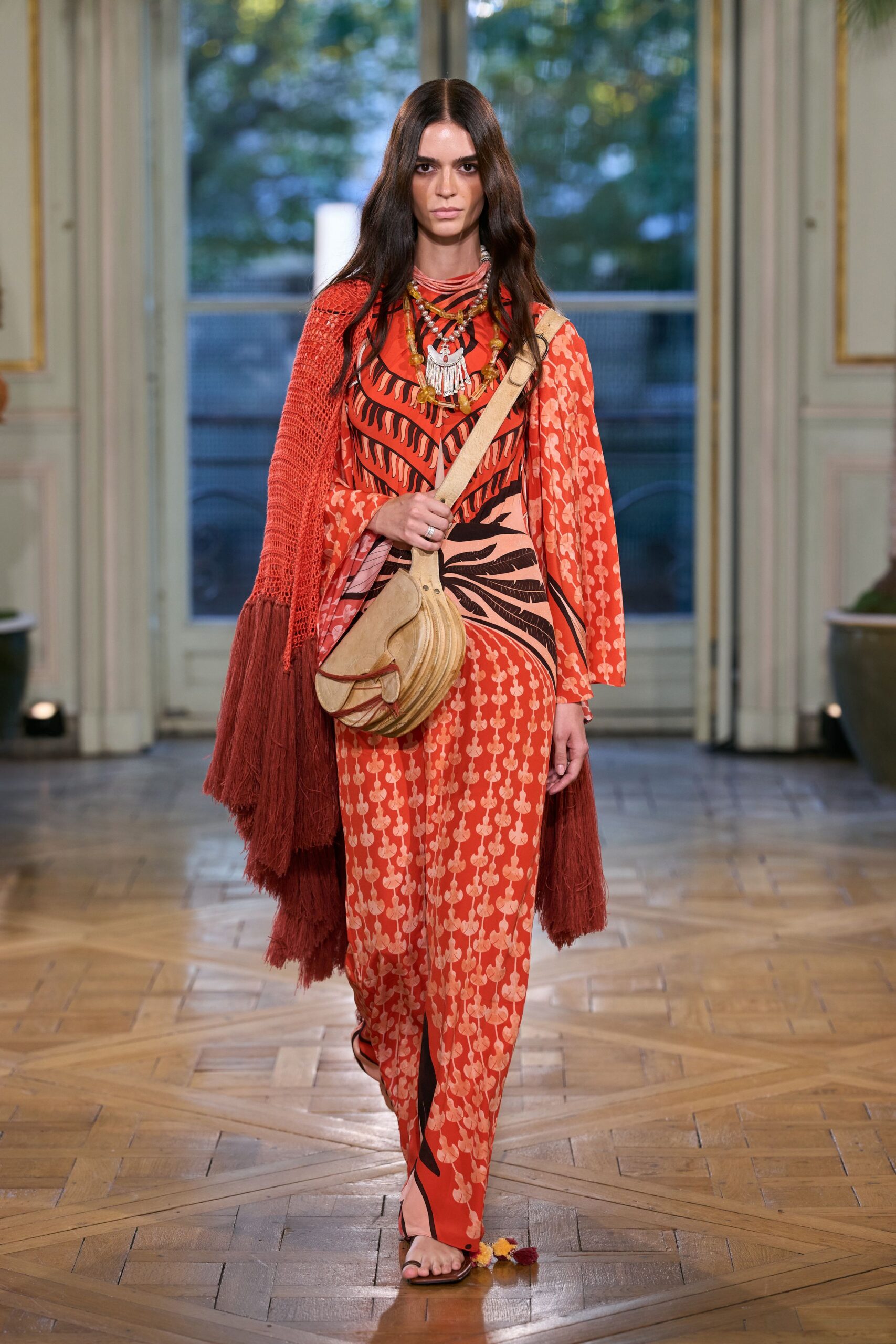 orange silk high-neck long-sleeve relaxed printed dress