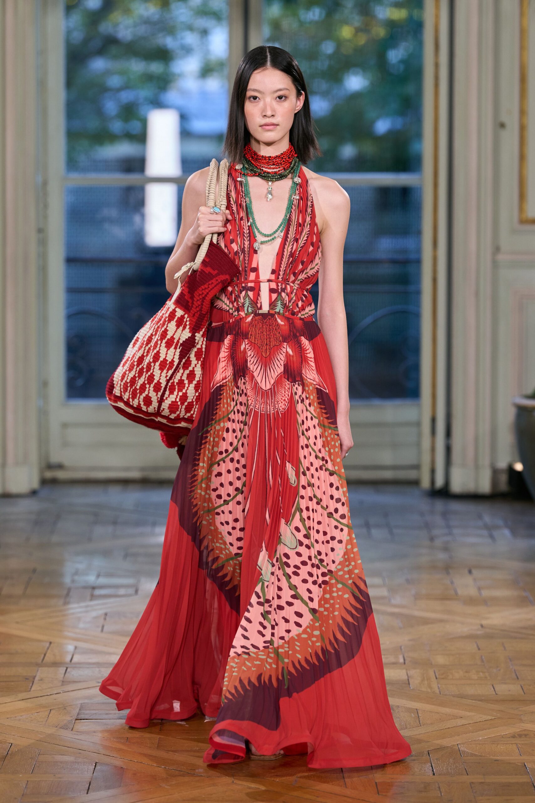 printed plunging halter chiffon gown