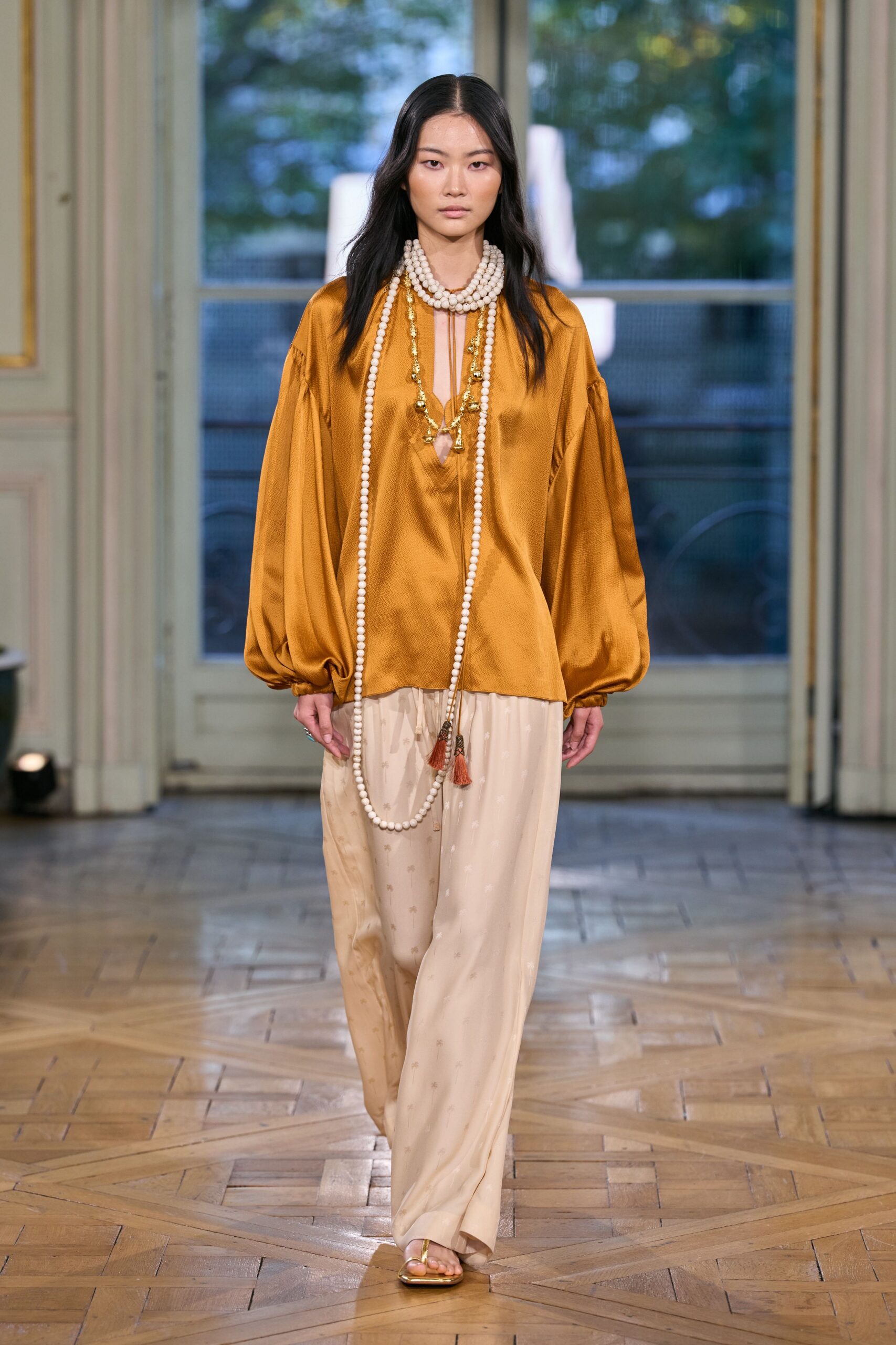 orange satin long-sleeve v-neck relaxed draped blouse