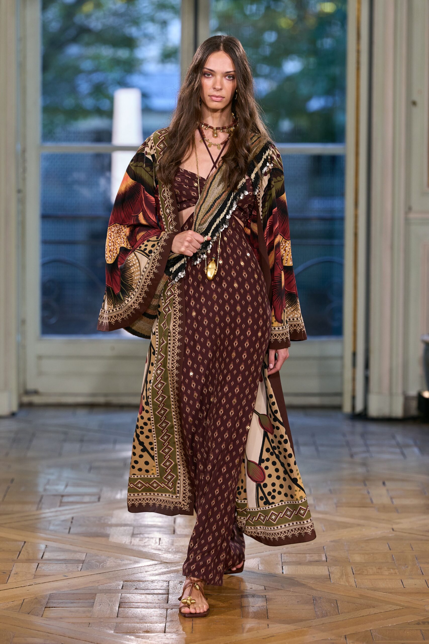 printed kimono-style robe over jumpsuit