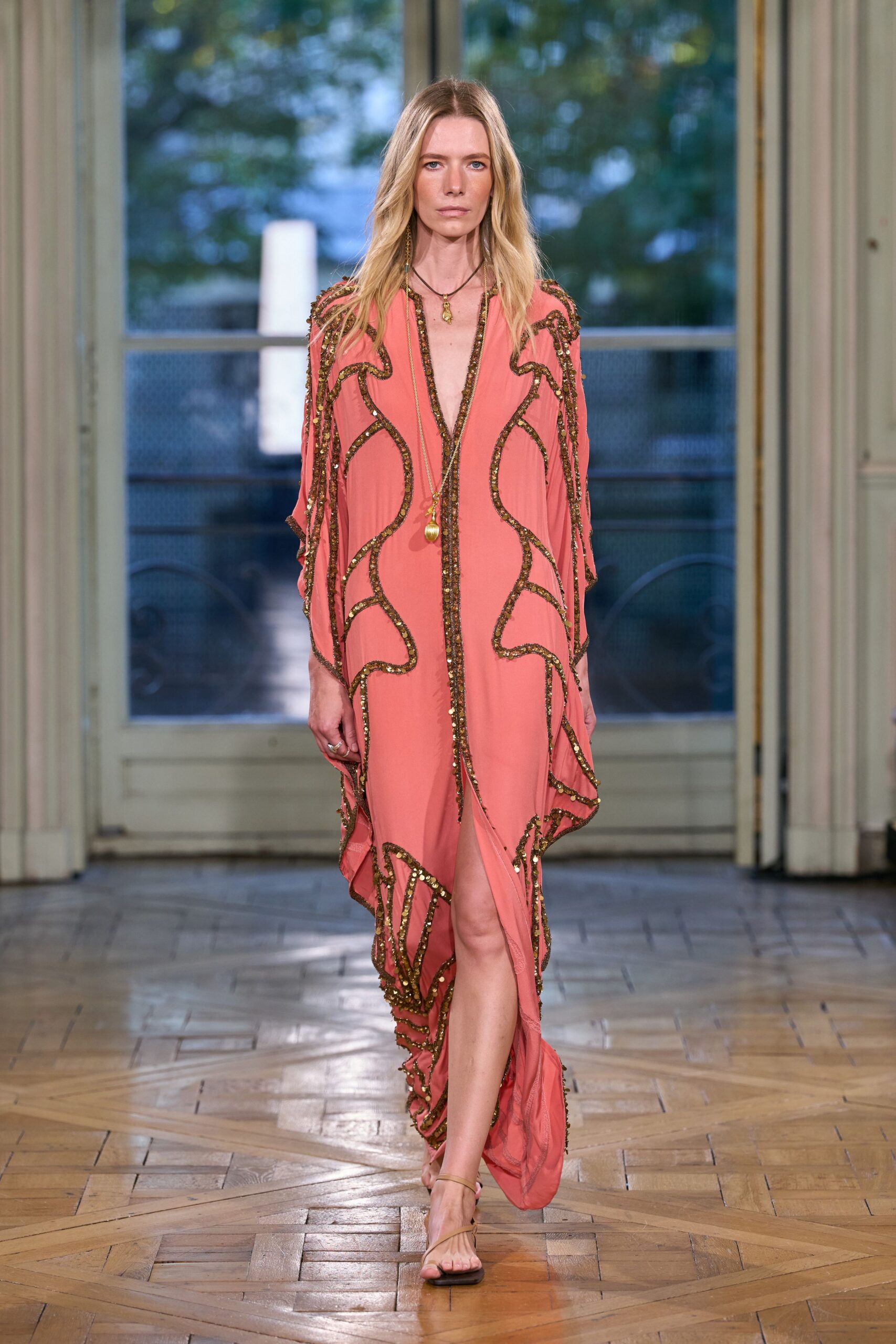 coral sequined caftan-style maxi dress
