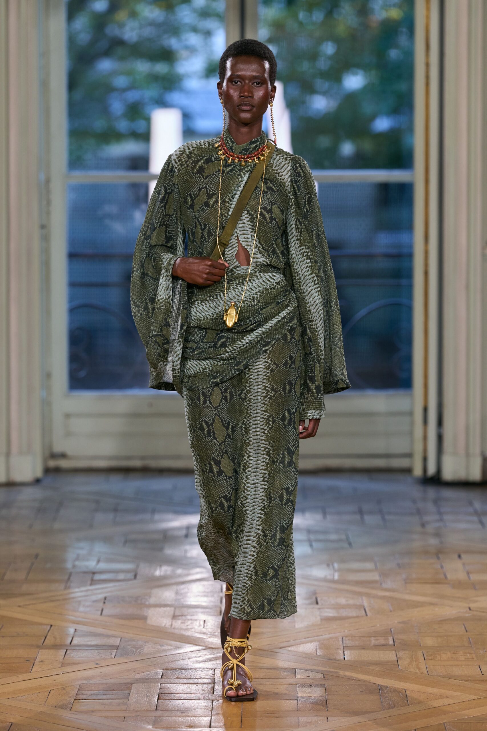python-print draped maxi dress