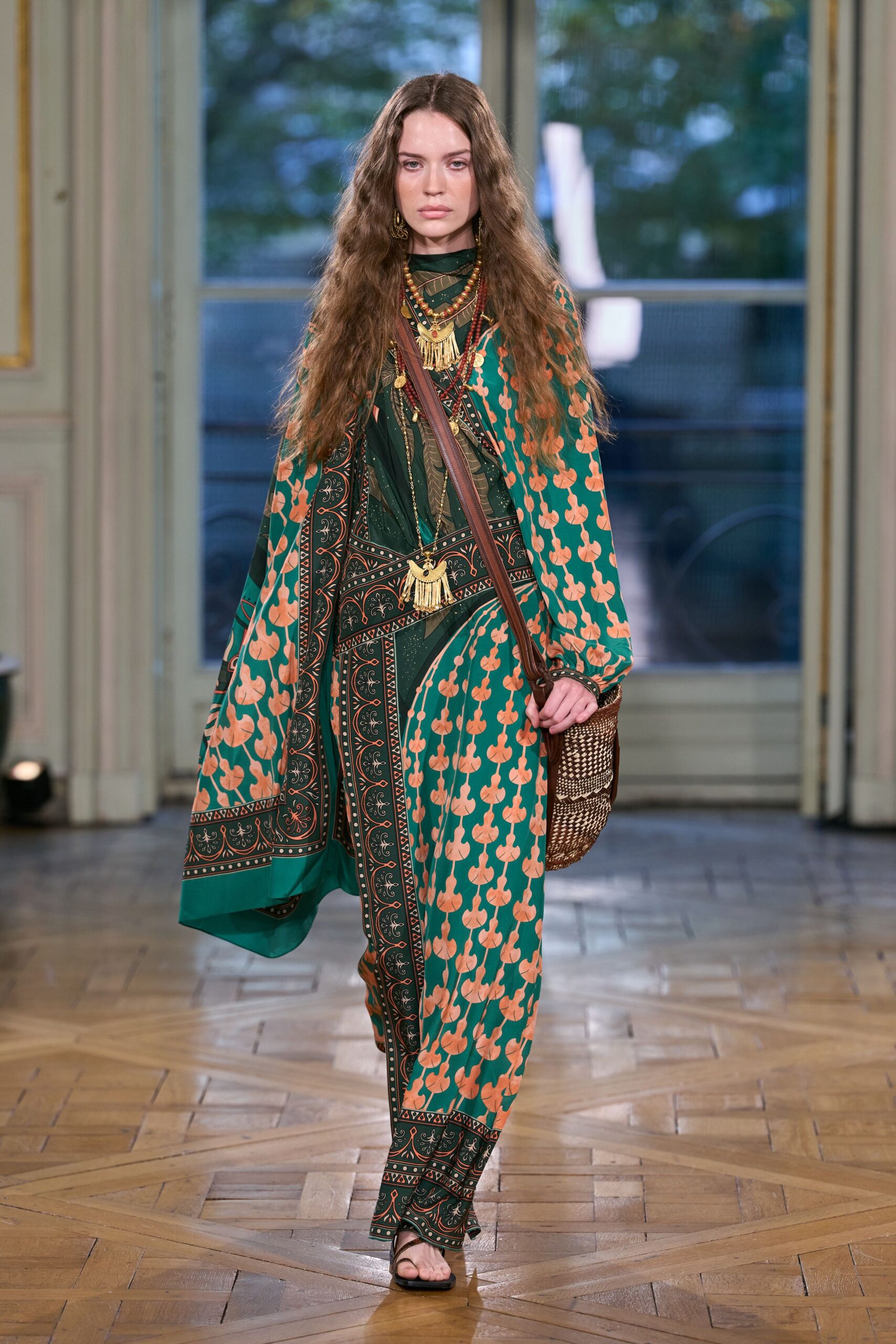green printed caftan-style jumpsuit