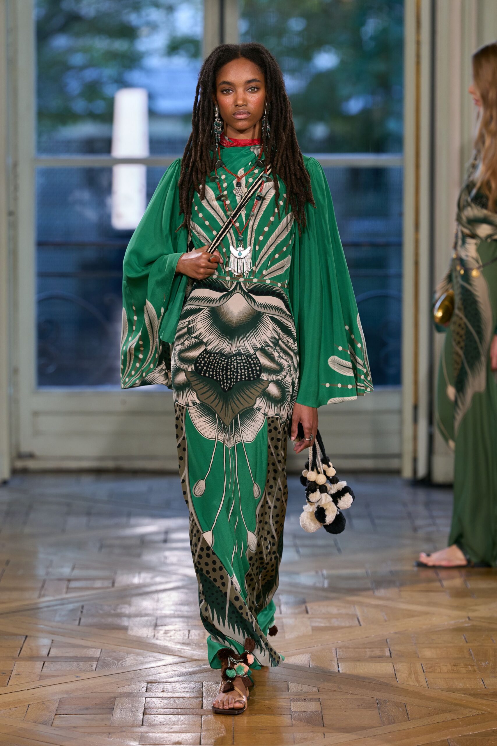 green floral-print caftan maxi dress