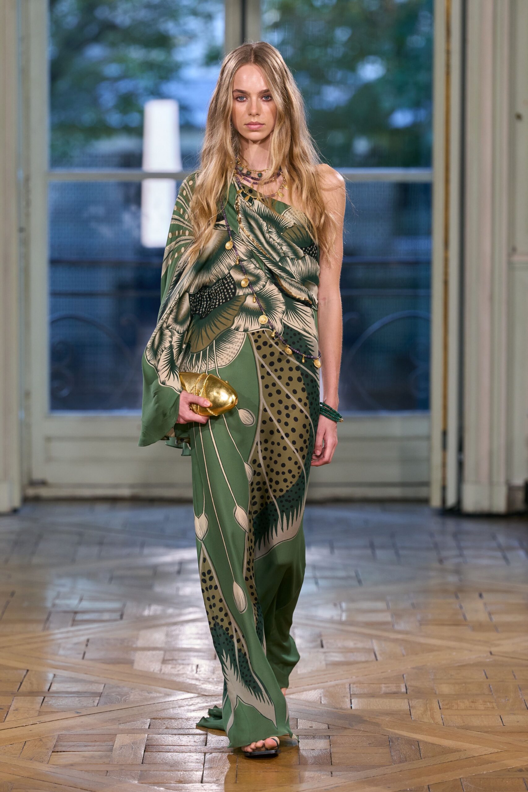 green botanical one-shoulder draped gown