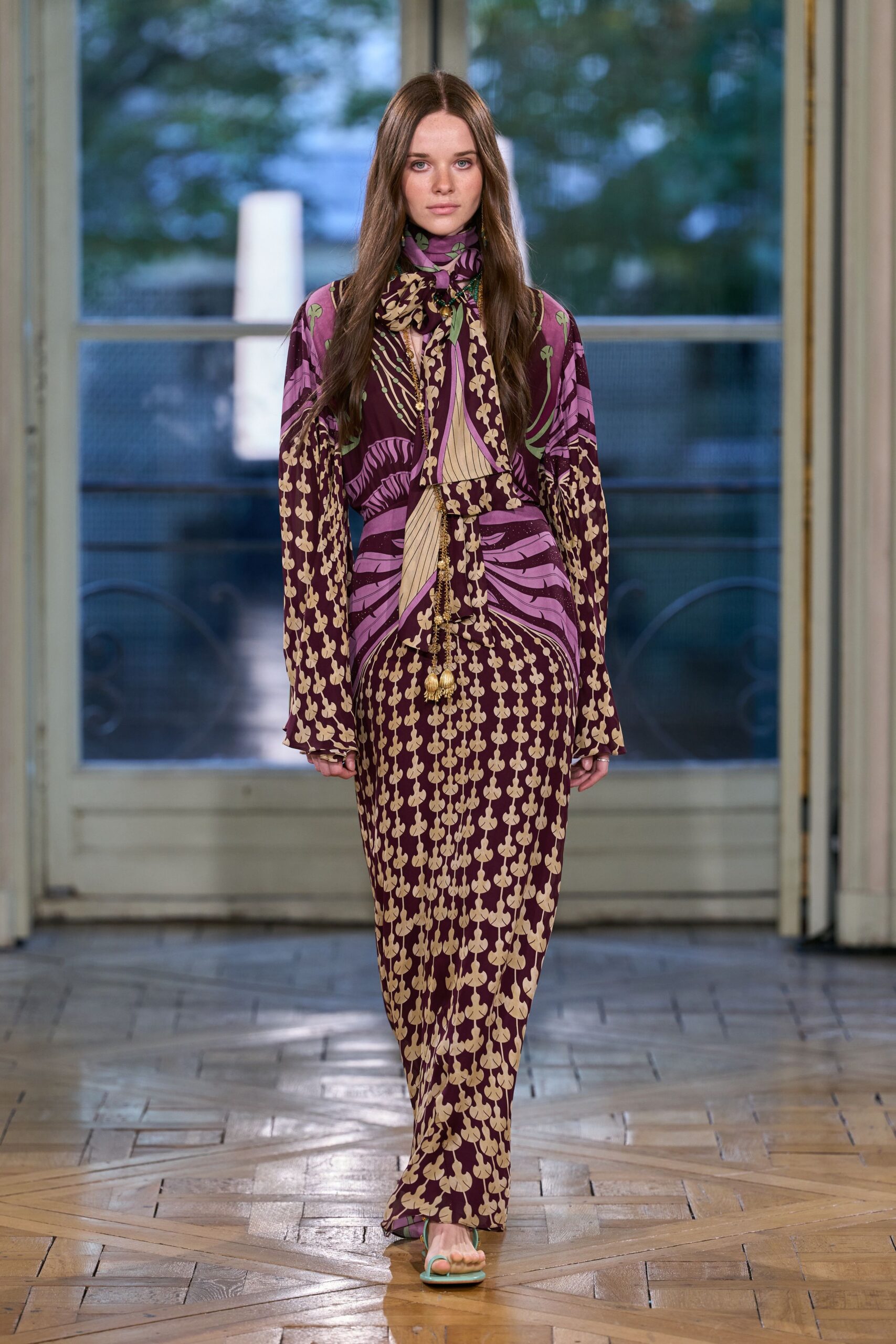 purple silk long-sleeve high-neck fitted printed draped dress