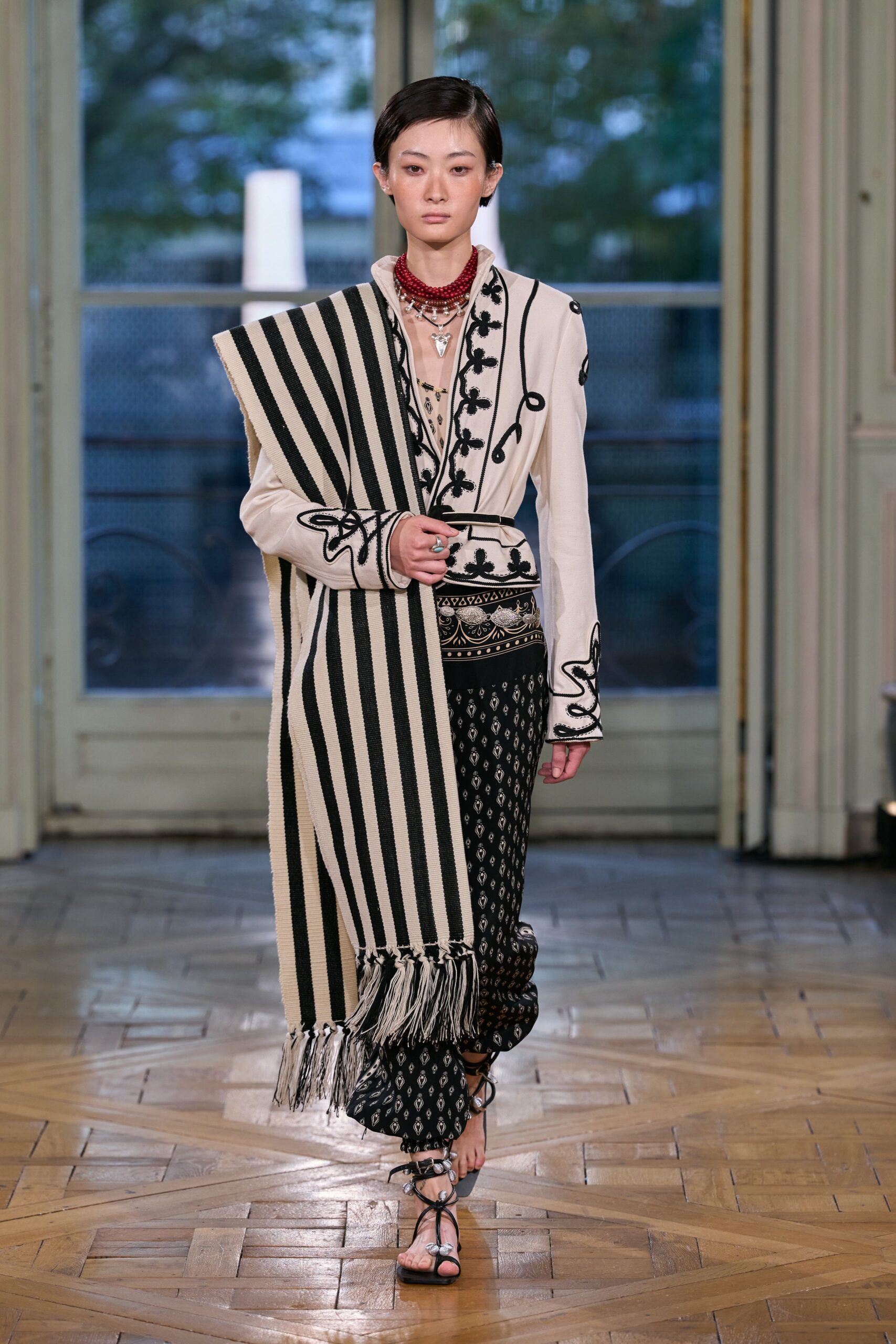 embroidered wrap jacket with striped blanket scarf