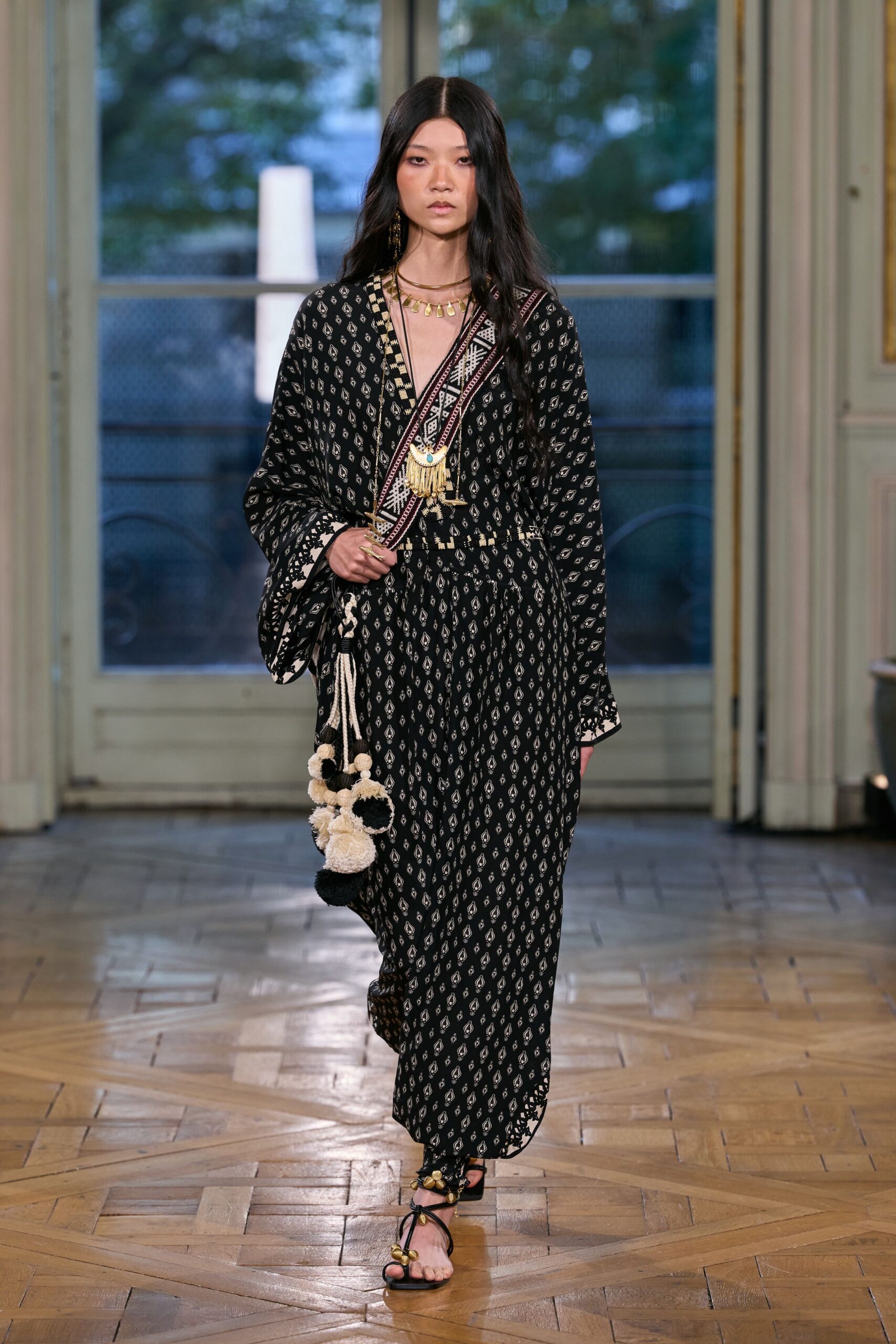 black long-sleeve v-neck relaxed printed belted flowing dress