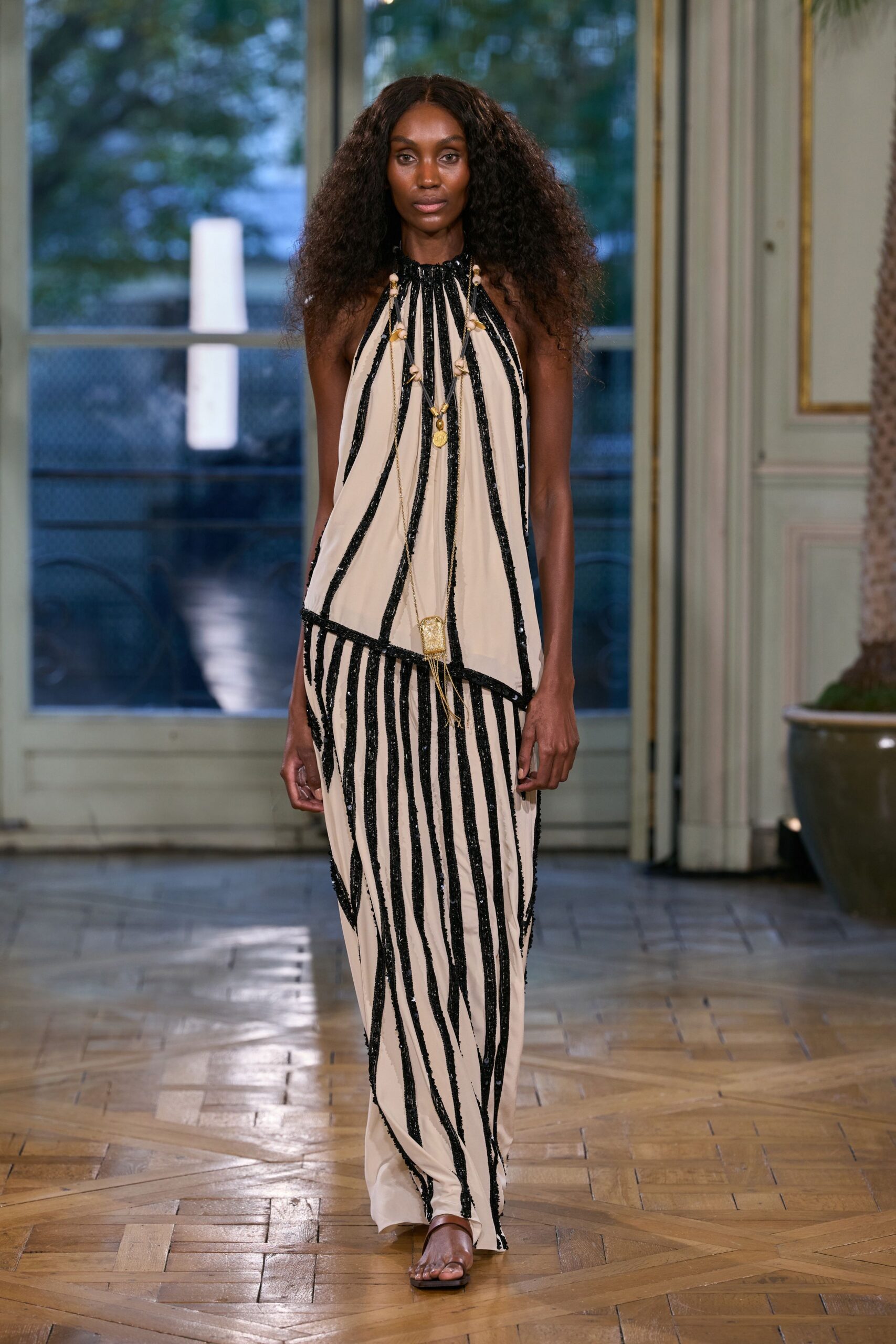striped halter chiffon evening gown