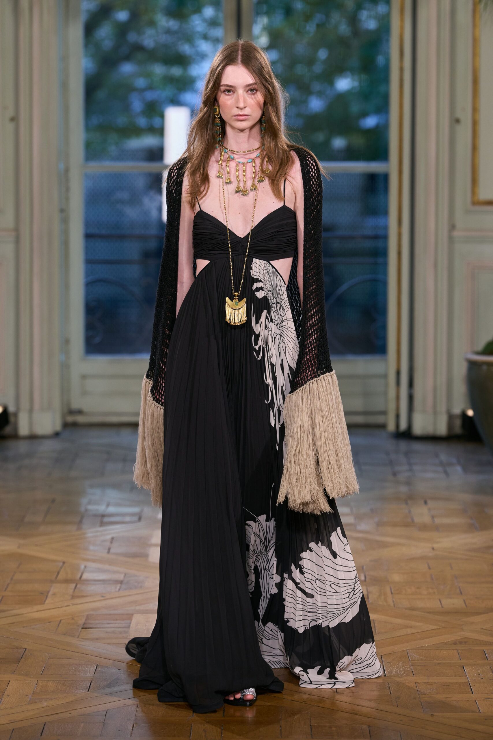 black chiffon spaghetti-strap v-neck printed pleated flowing gown