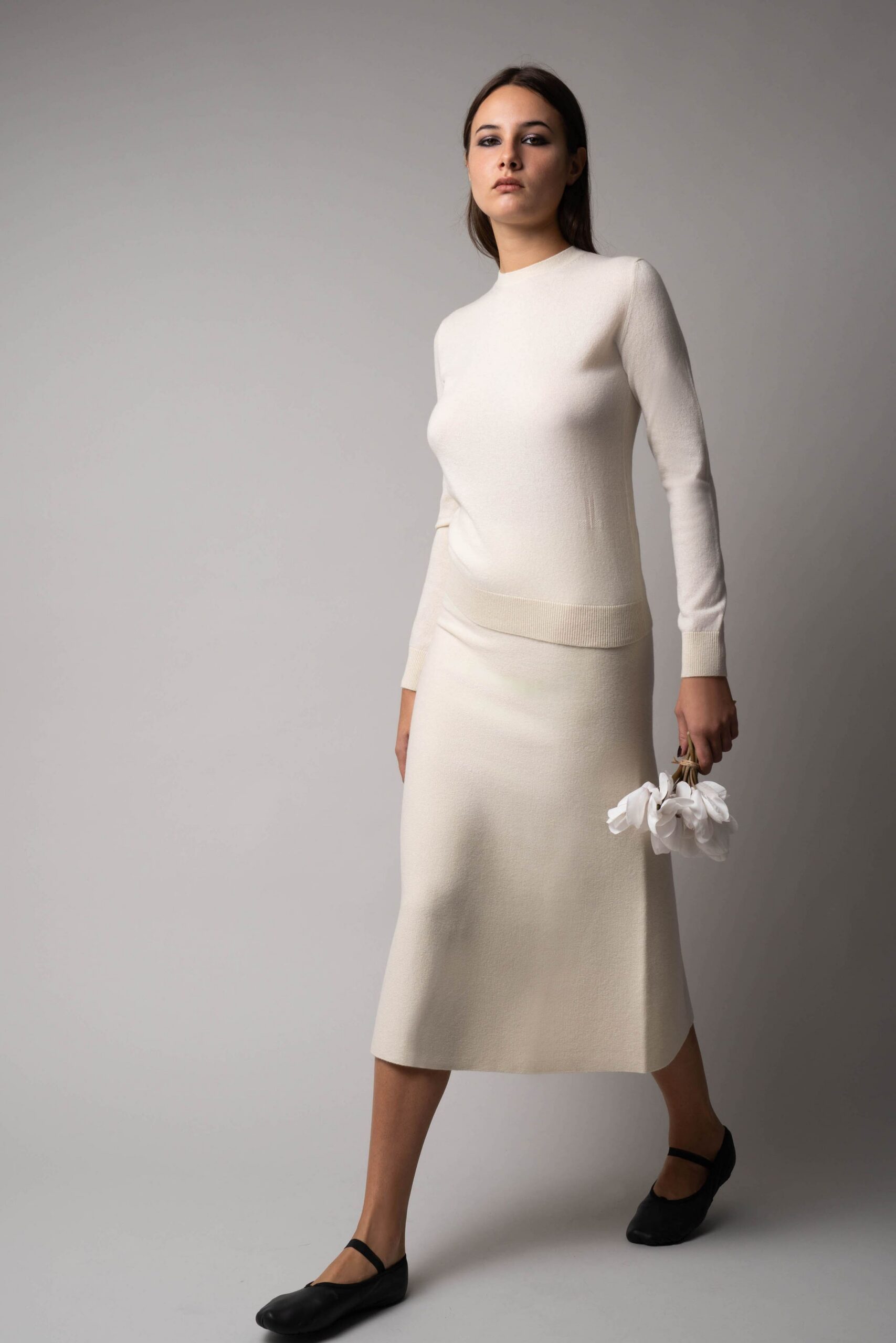 ivory knit fitted textured midi skirt