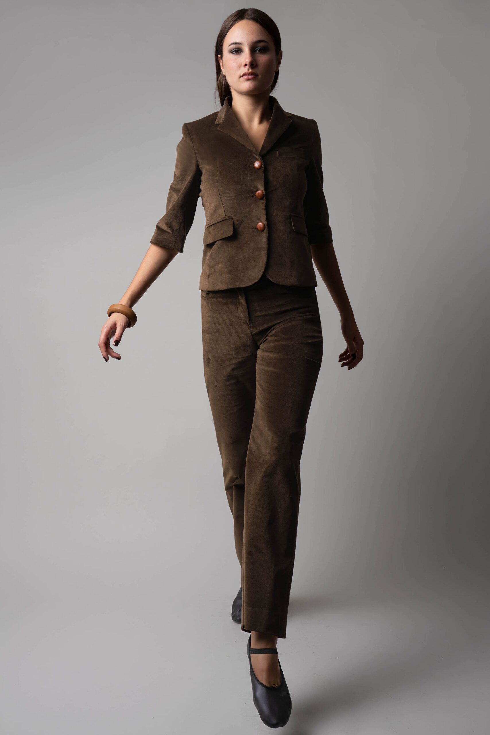 brown velvet tailored straight-leg textured pants