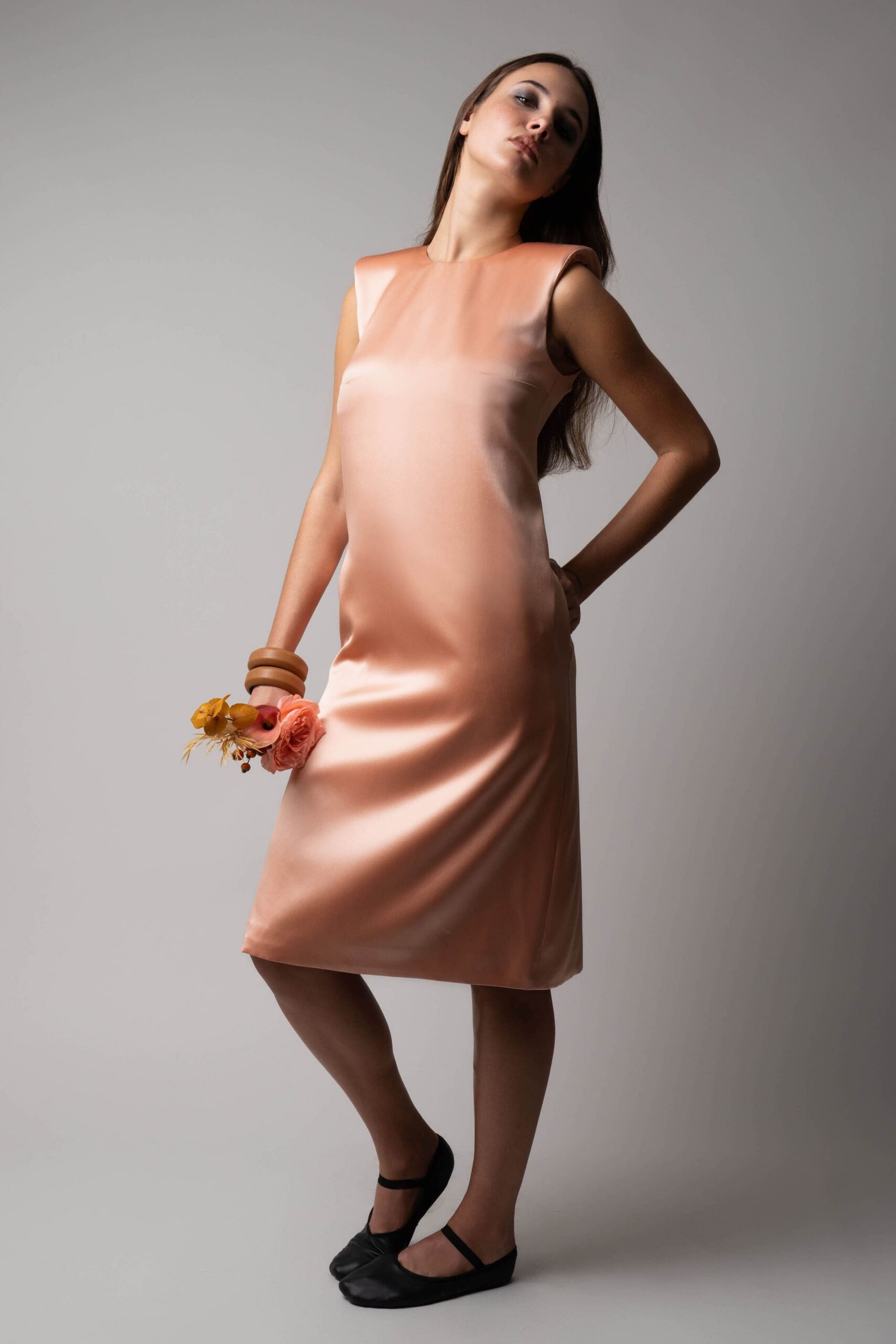 pink satin shift midi dress