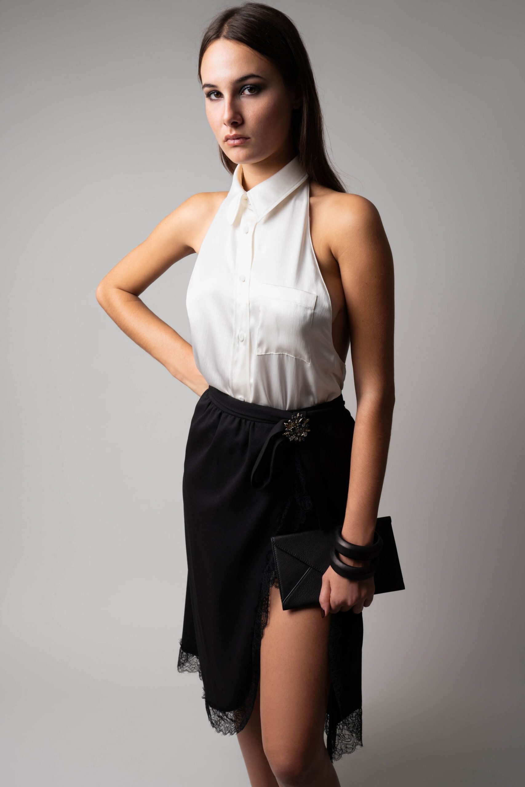 black silk slit belted flowing midi skirt