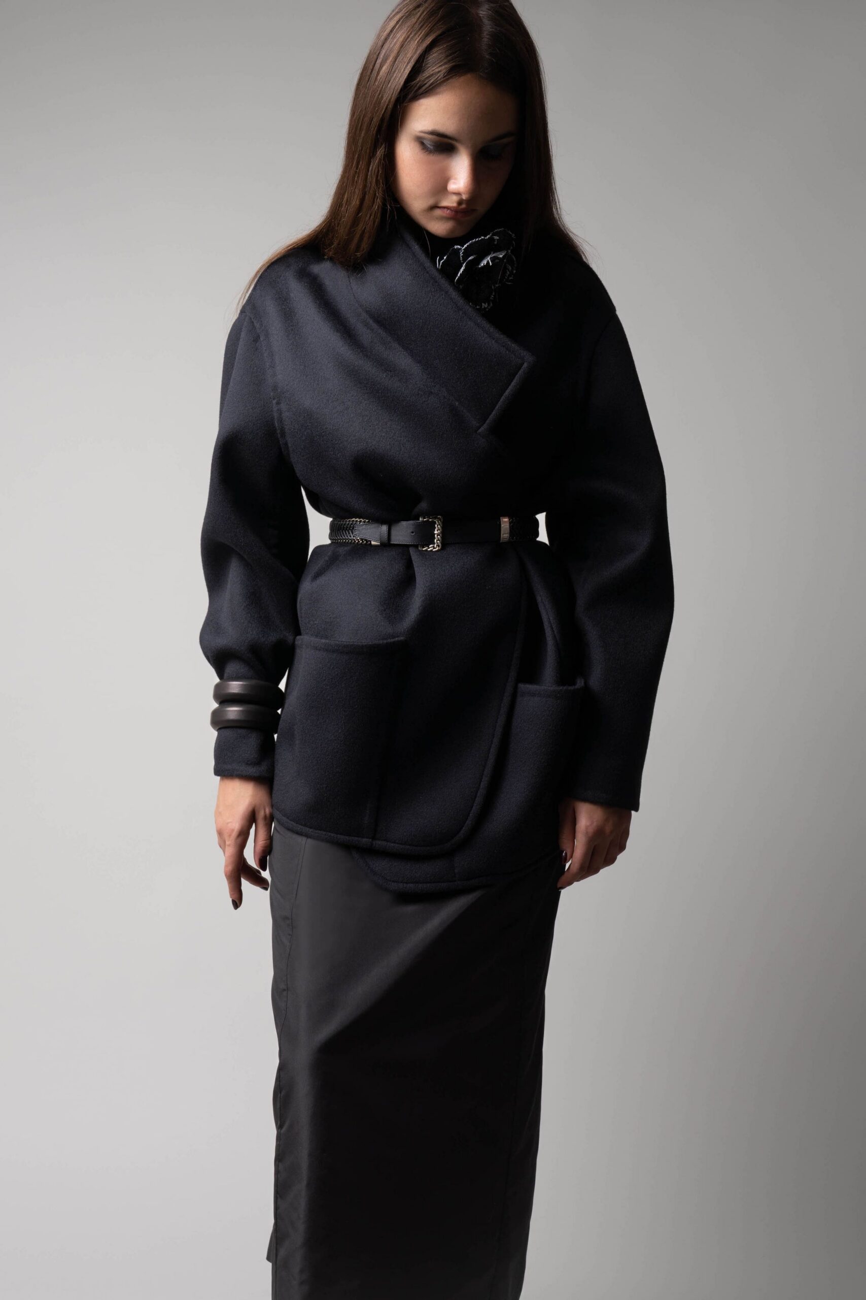 black satin straight-leg shiny maxi skirt