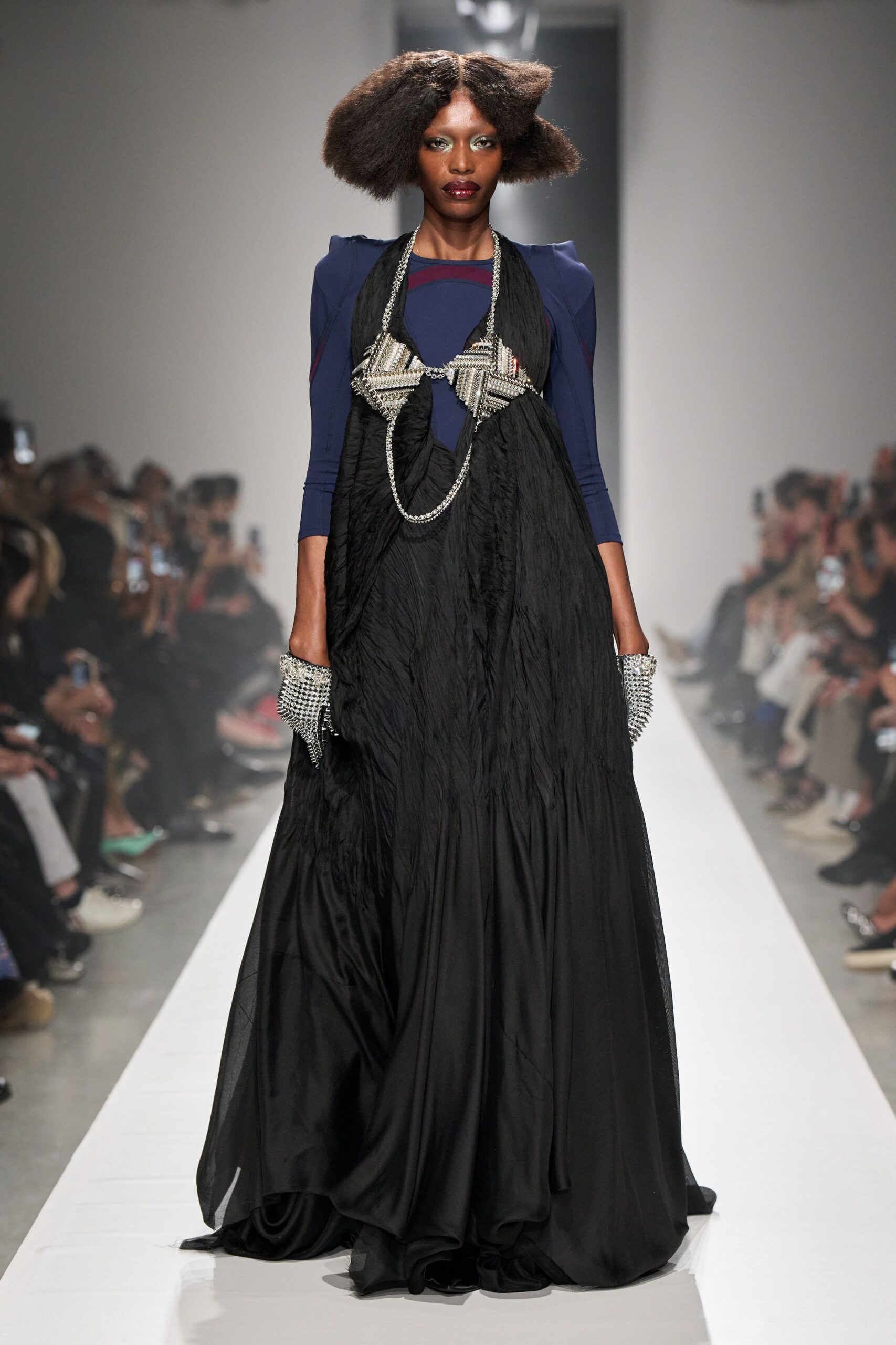 black draped chiffon evening gown