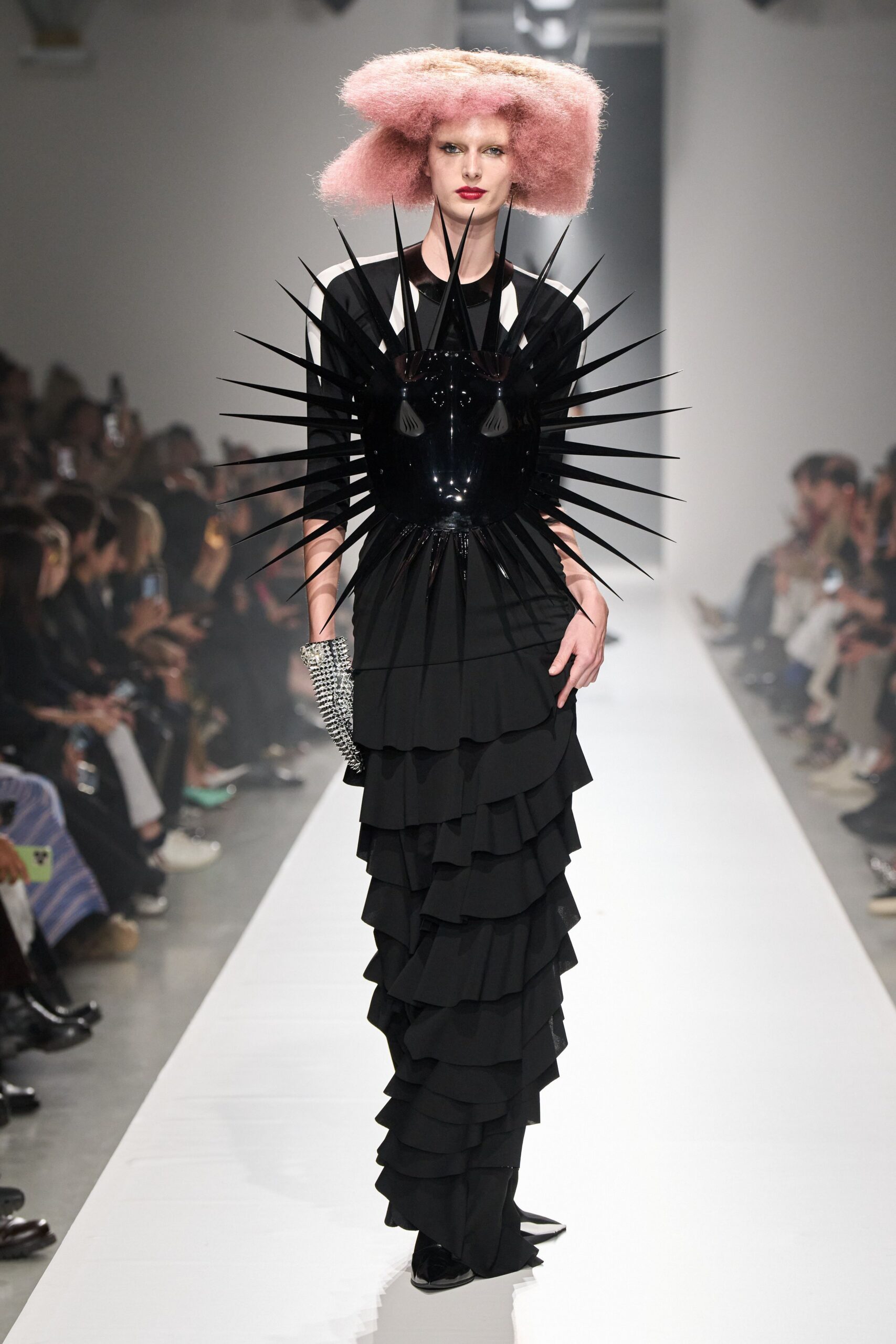 black spiked ruffled evening gown