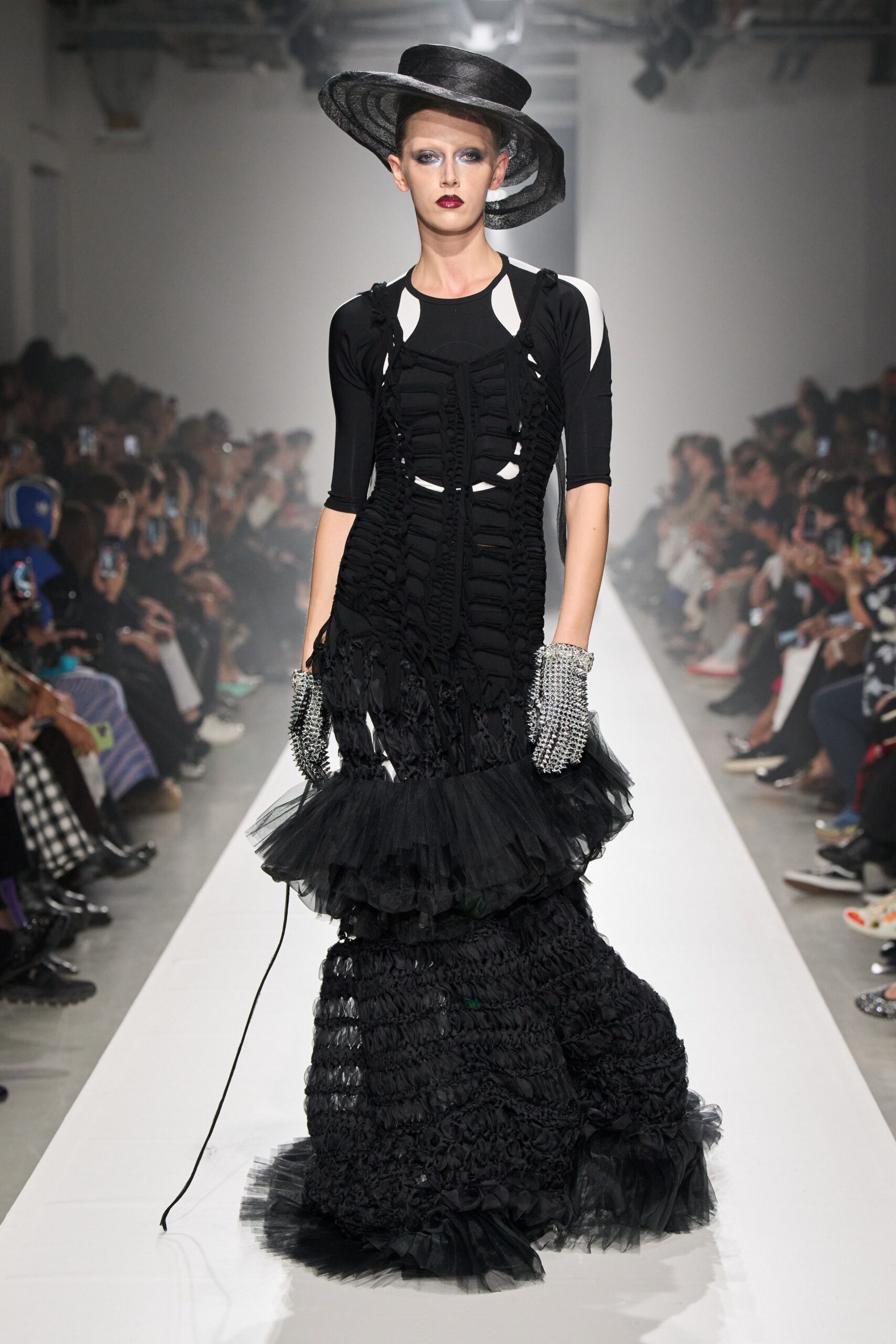 black ruffled mermaid evening gown