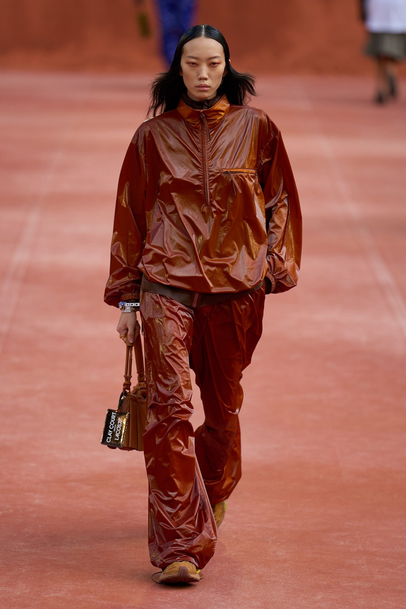 brown nylon relaxed straight-leg shiny pants