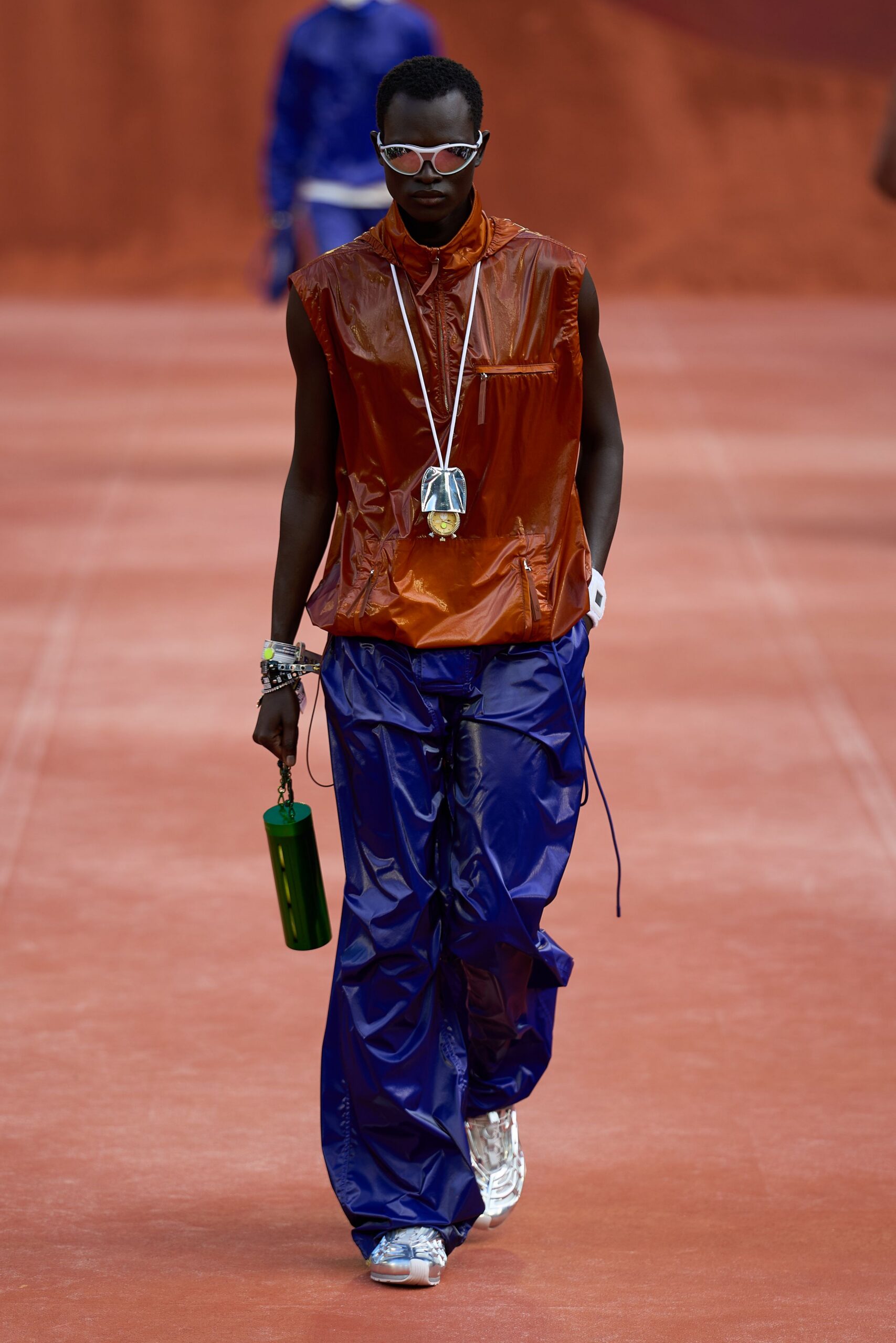 blue vinyl drawstring relaxed wide-leg shiny pants