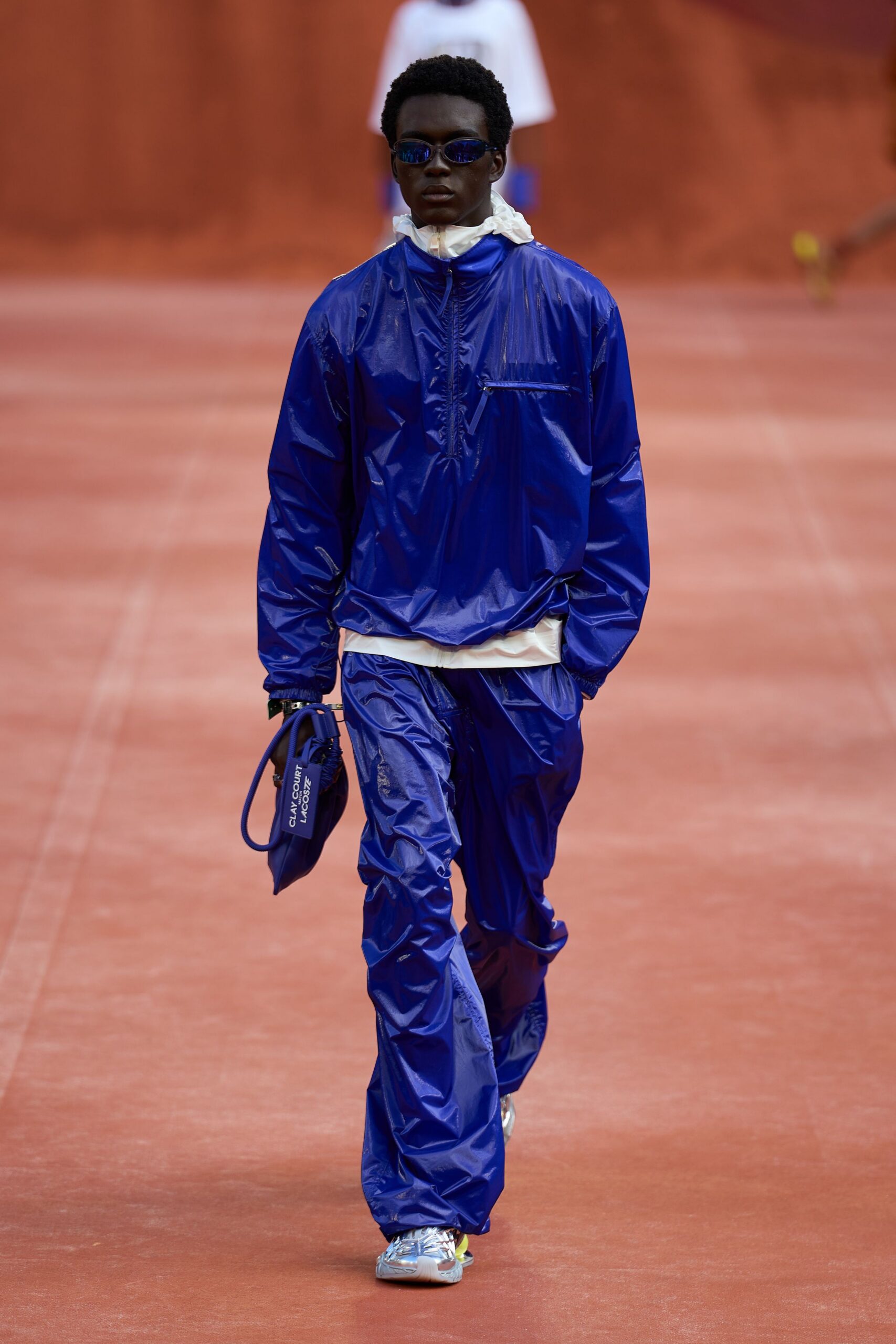 blue nylon relaxed shiny pants