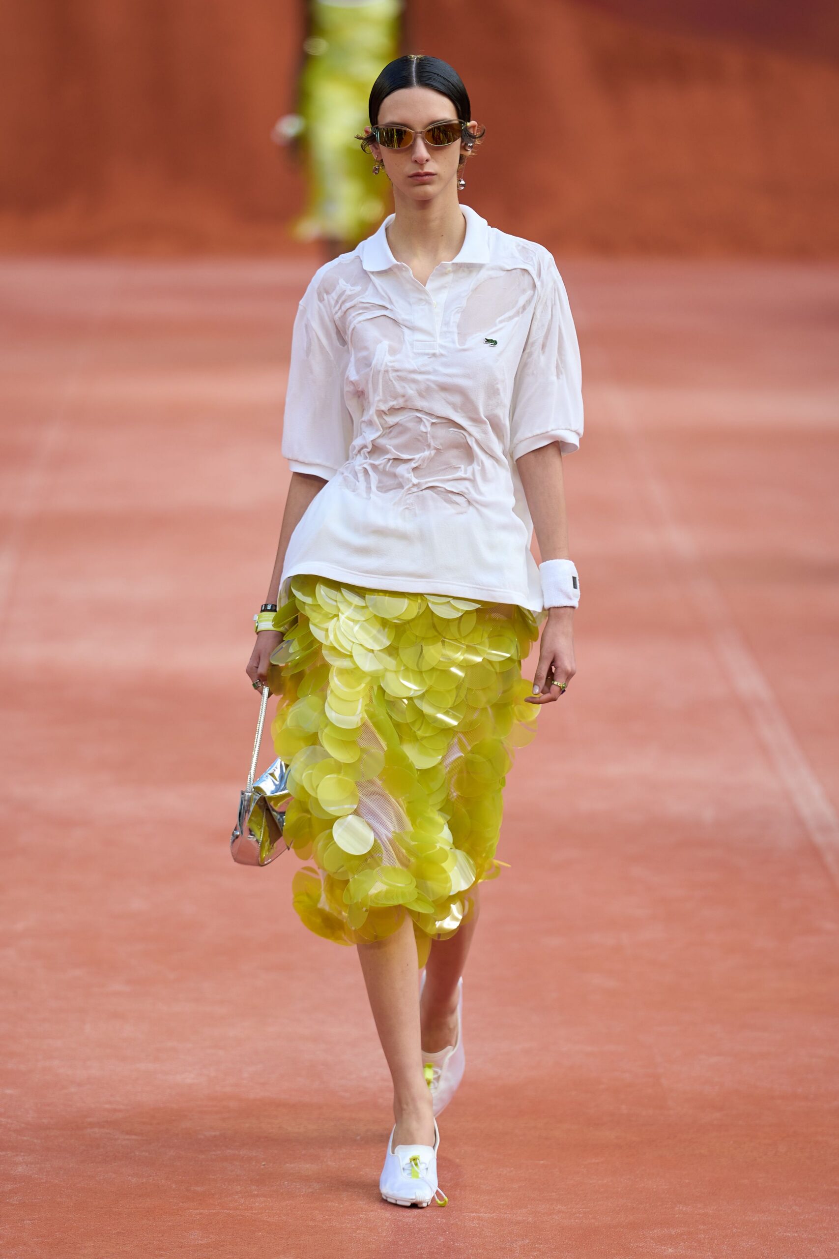 yellow vinyl embellished sheer shiny midi skirt