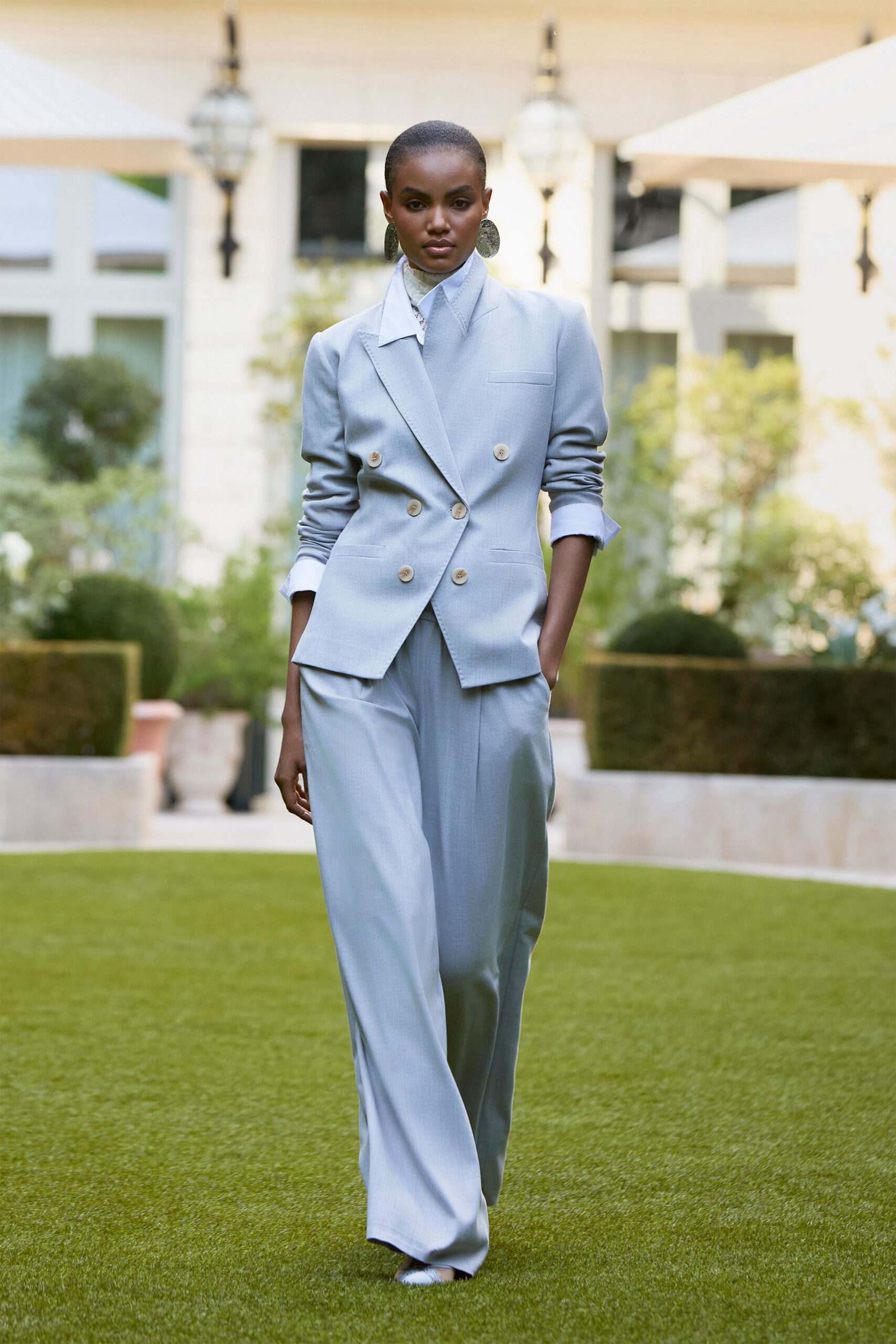 powder blue double-breasted blazer