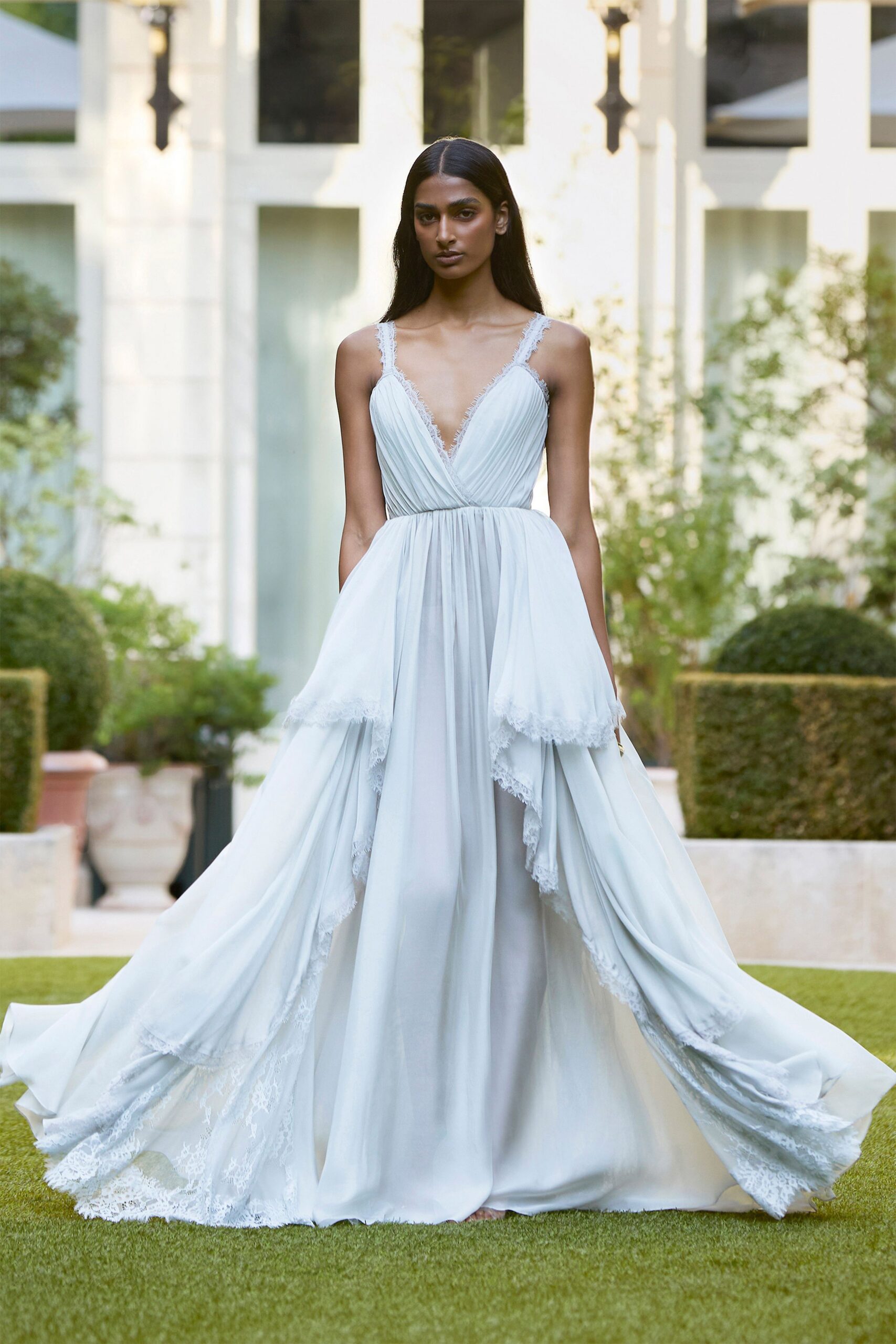 lace-trimmed tiered chiffon evening gown