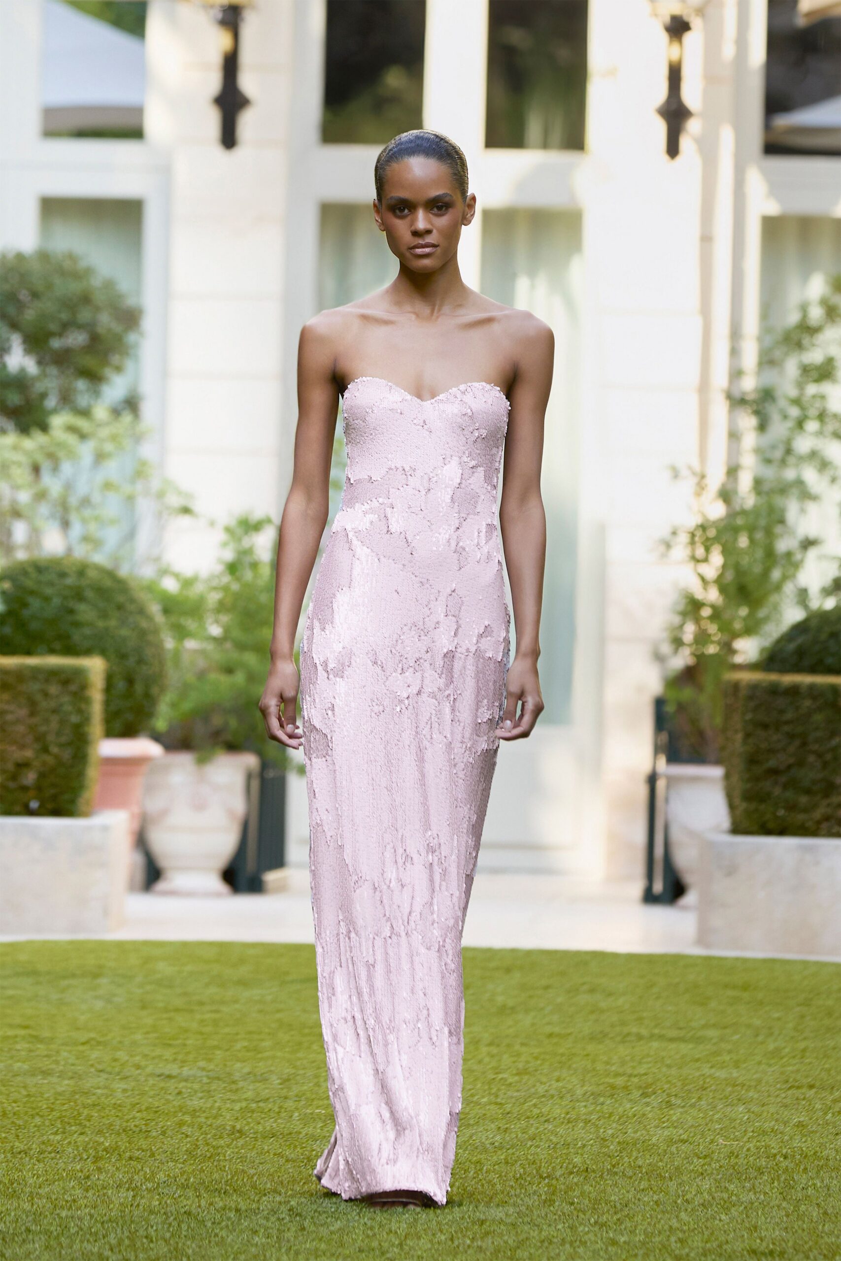 strapless floral embellished evening gown