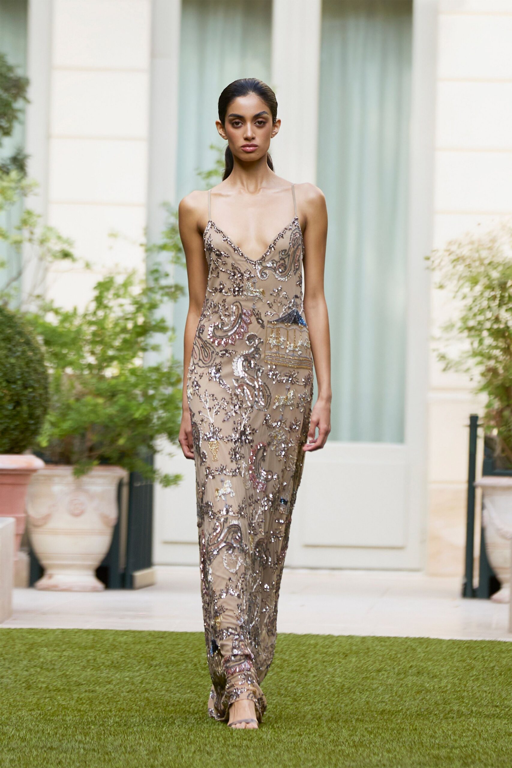 beige sequin spaghetti-strap v-neck fitted beaded sequined gown