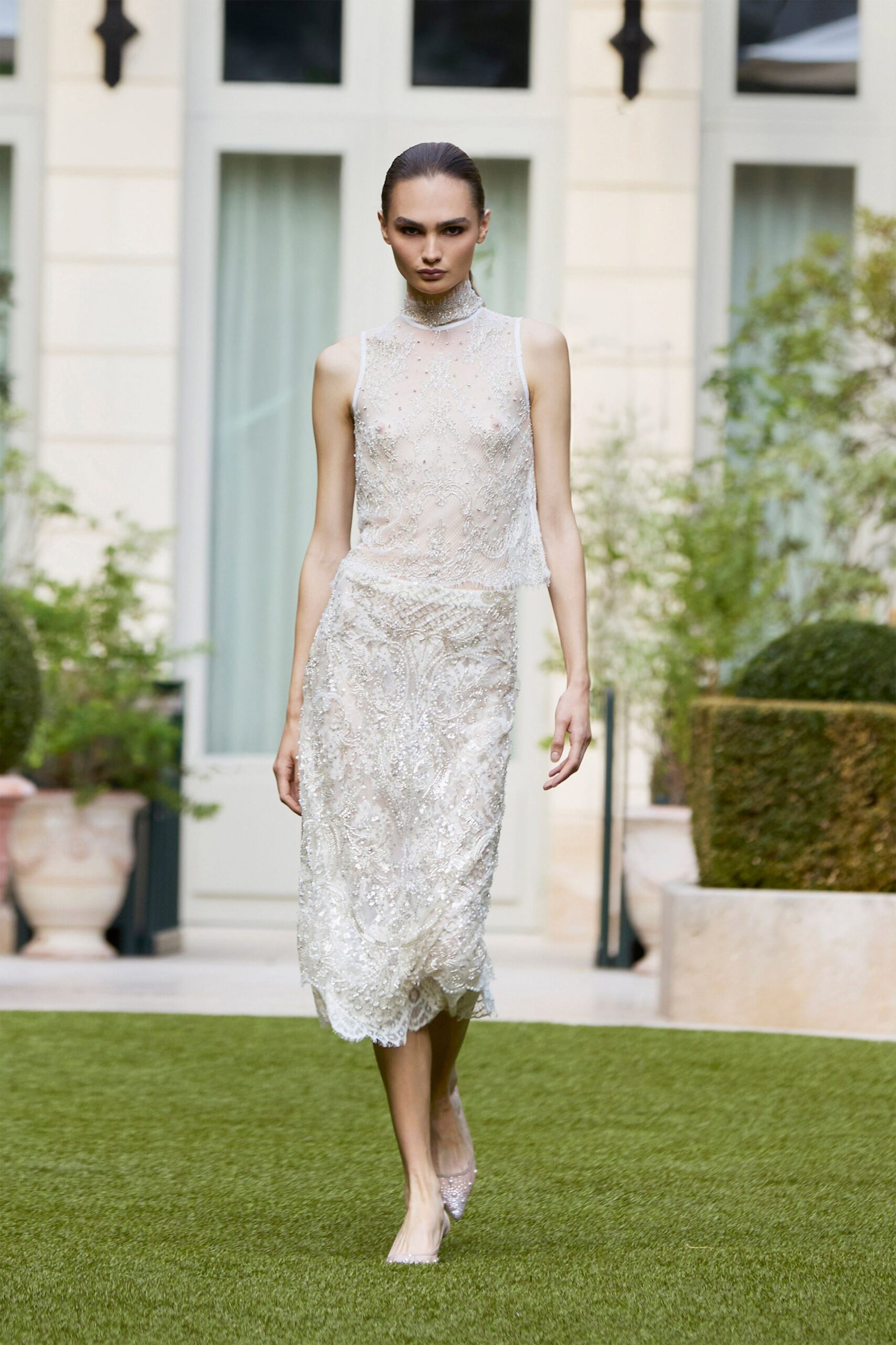 ivory sequin sleeveless high-neck beaded embroidered dress