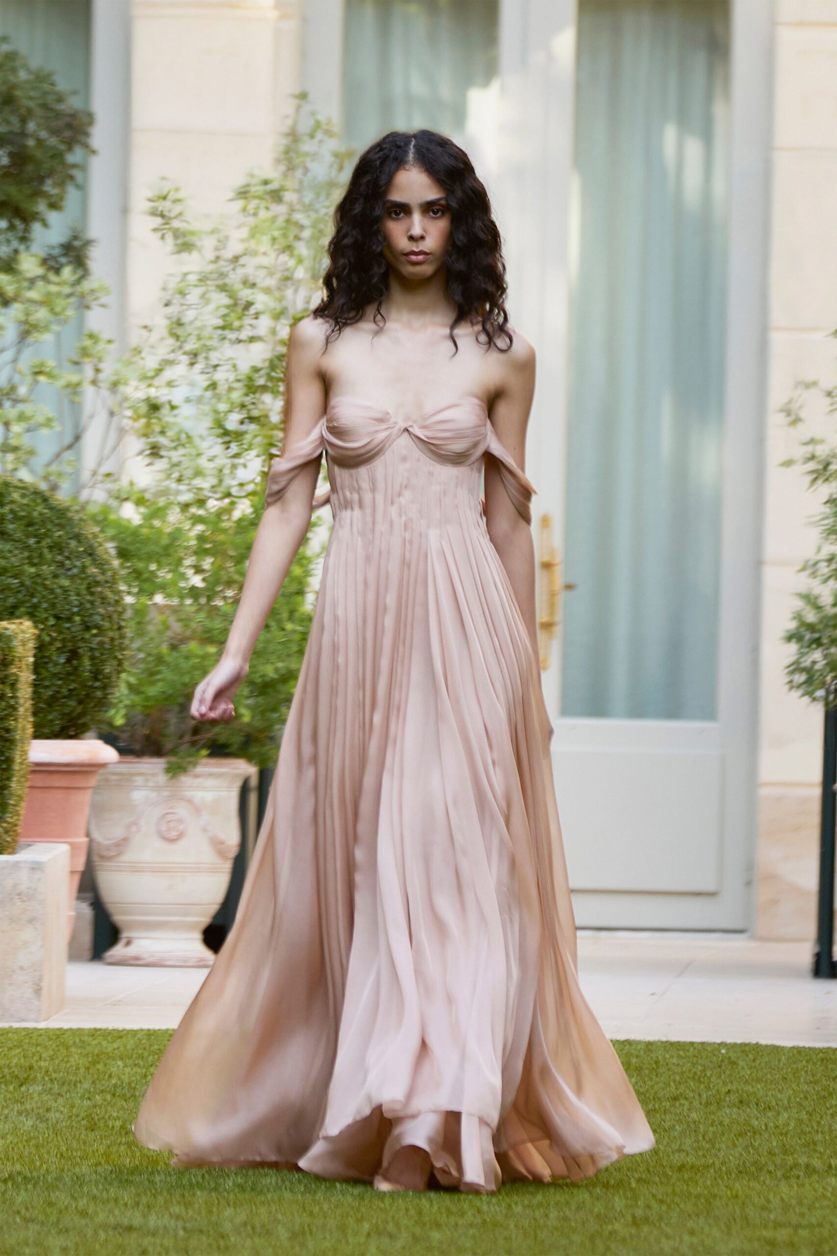 strapless pleated chiffon evening gown