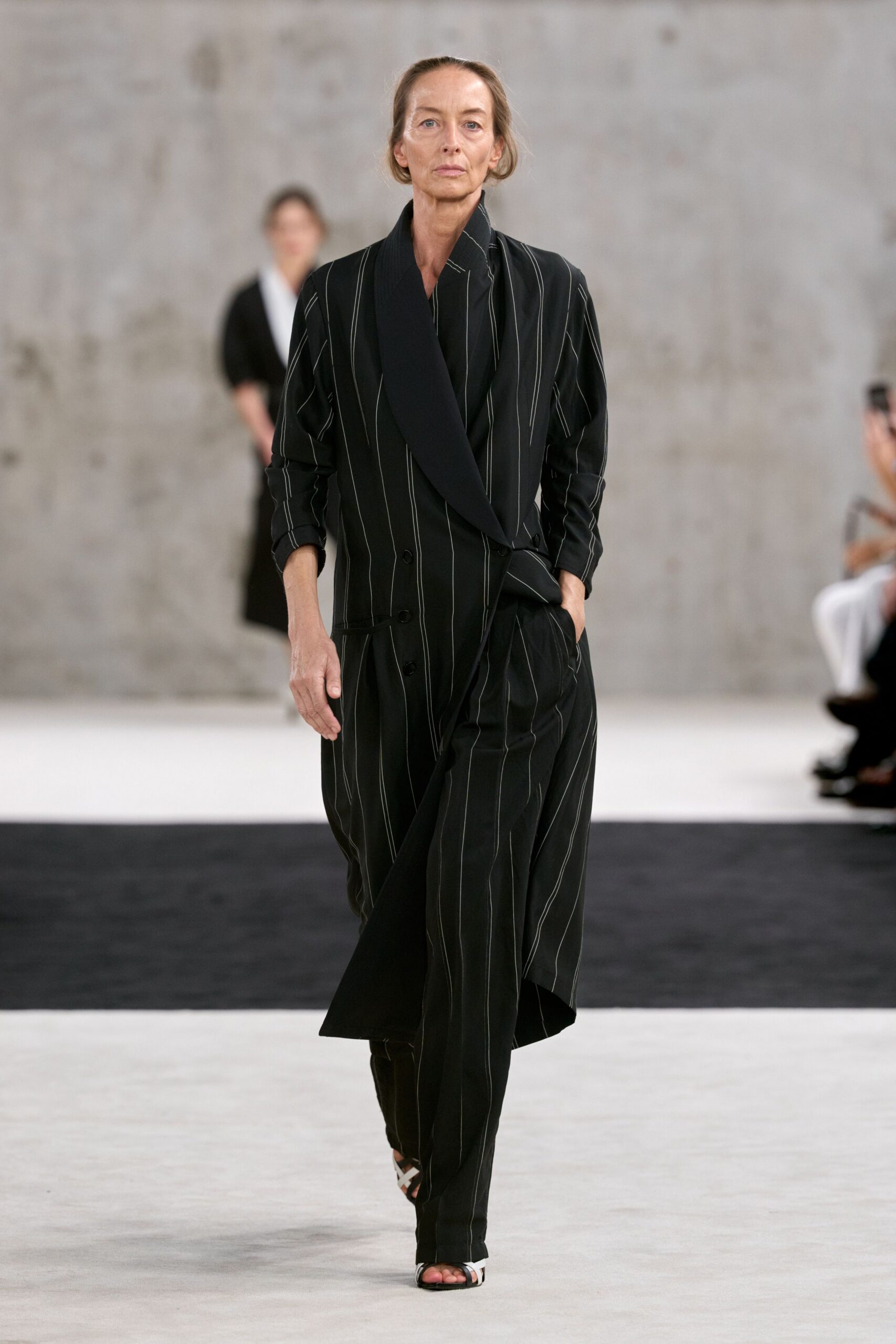 black pinstripe shawl-lapel jumpsuit