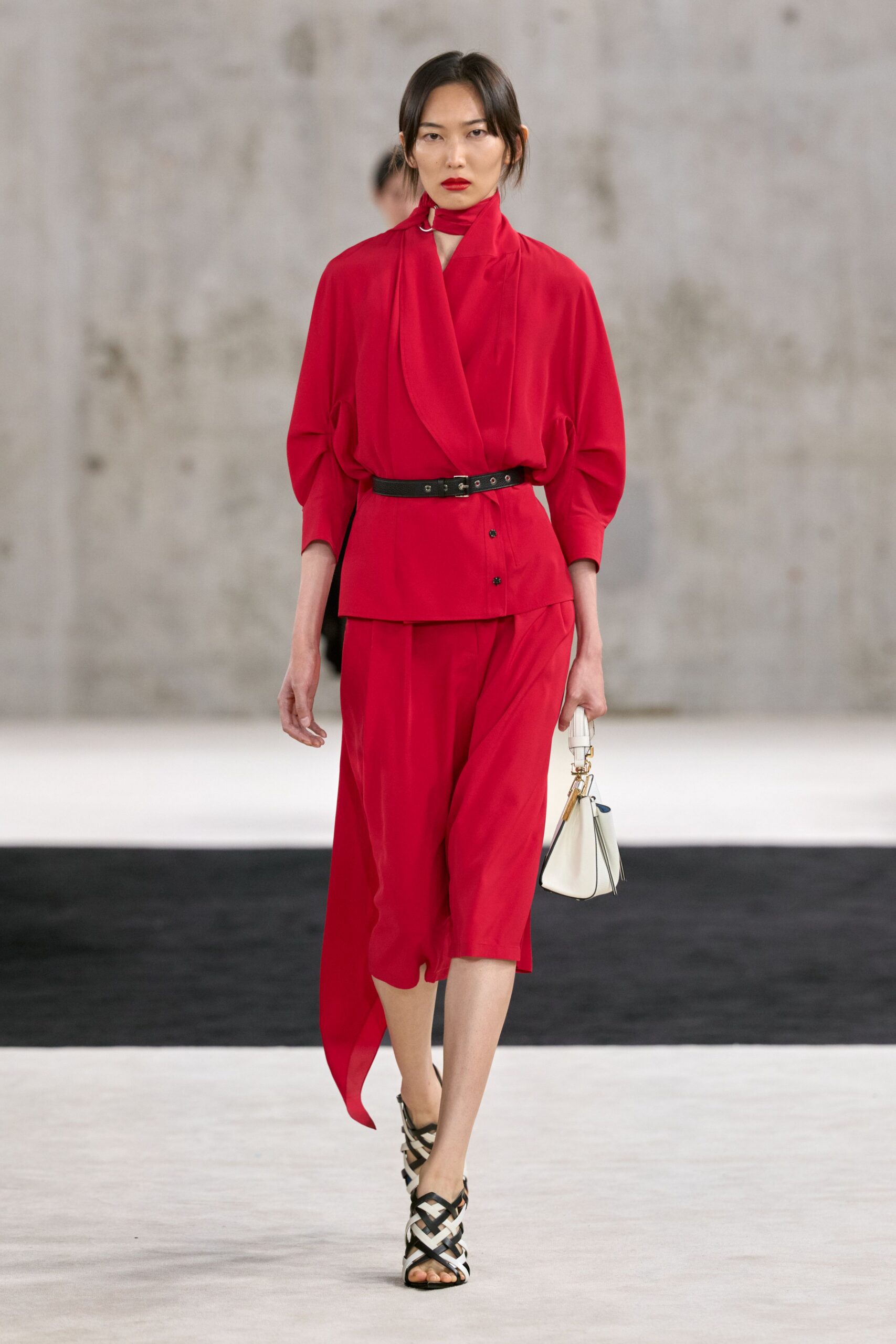 red satin long-sleeve high-neck draped belted blouse