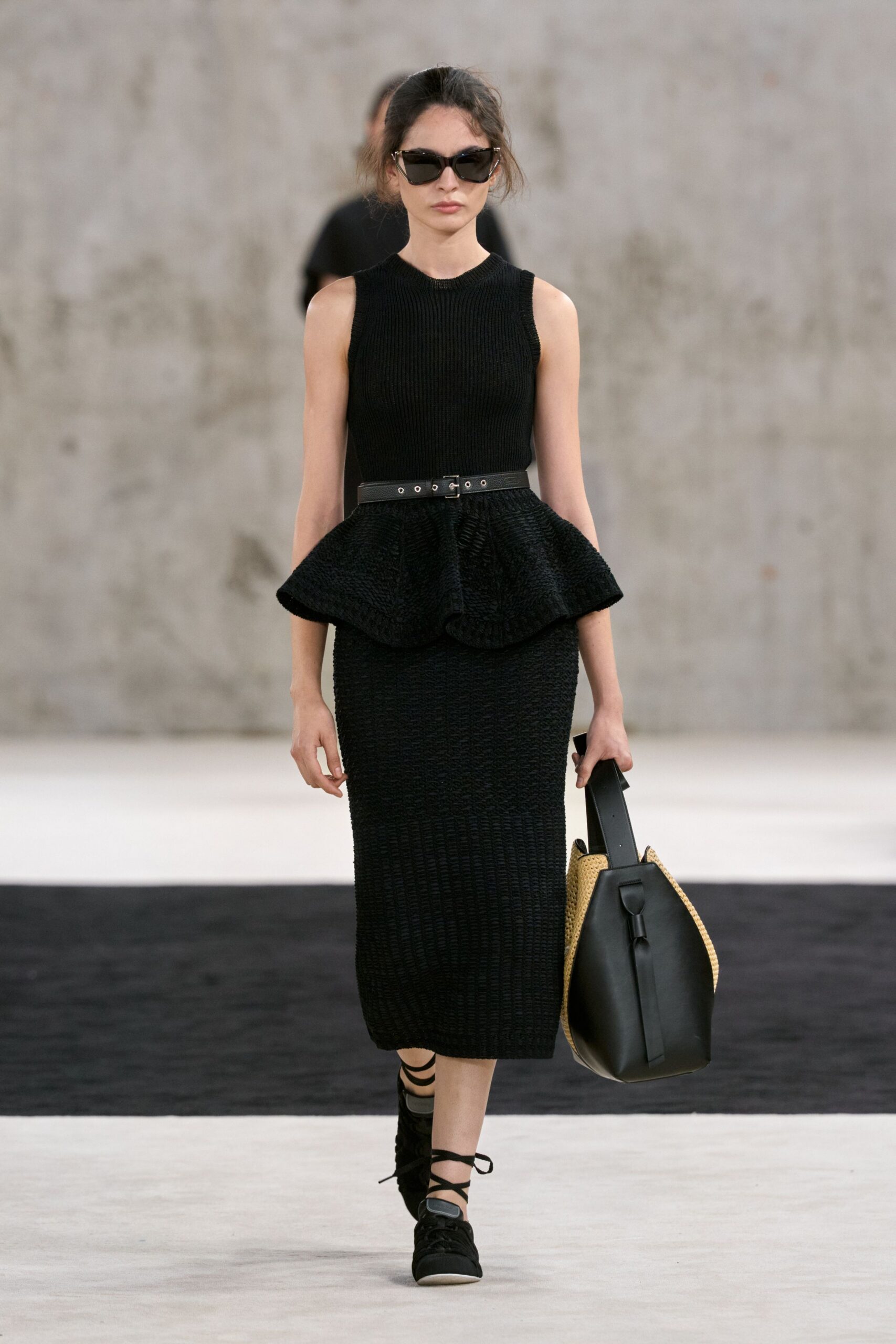 black knit sleeveless high-neck fitted belted textured midi-dress