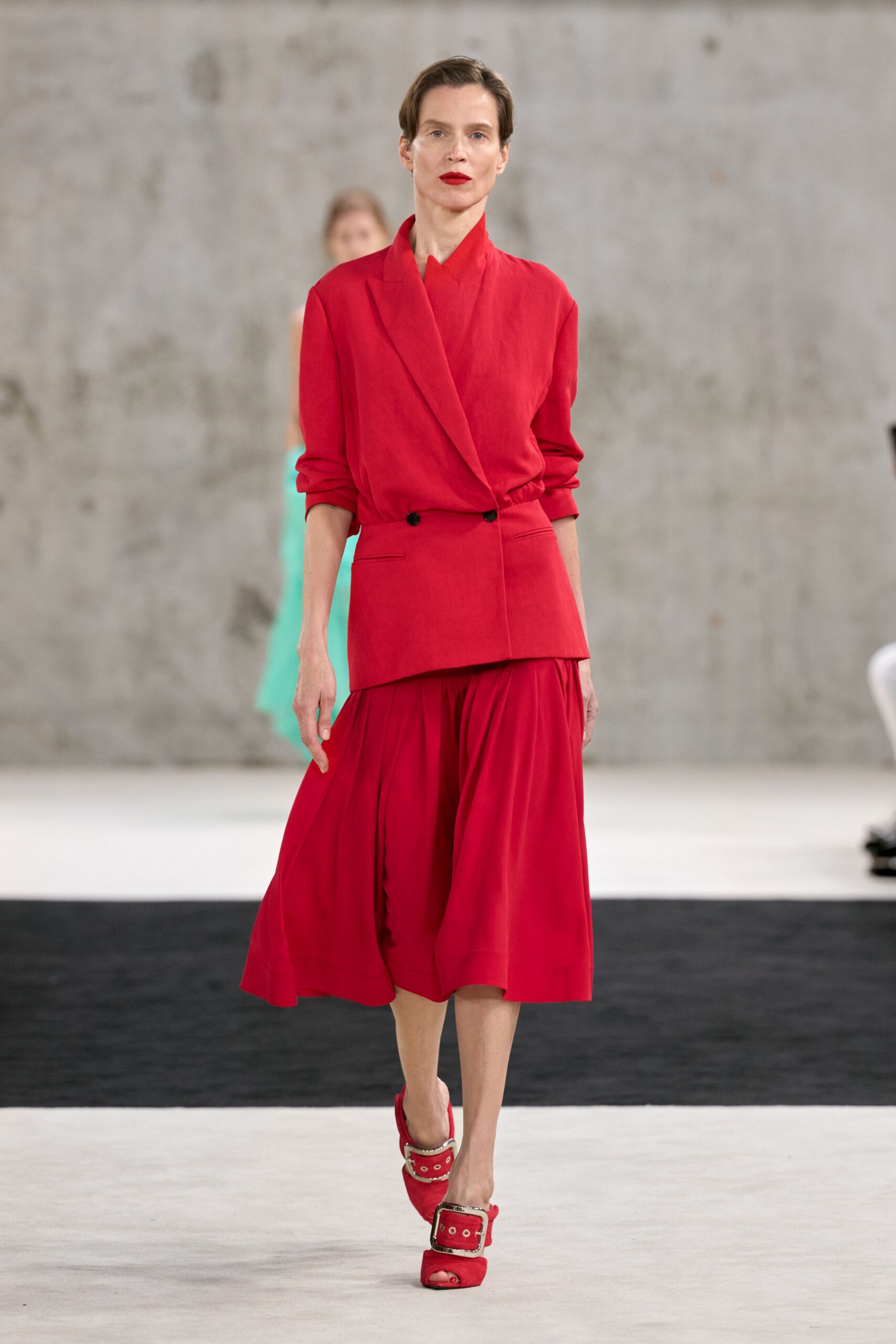 red wrap-front blazer