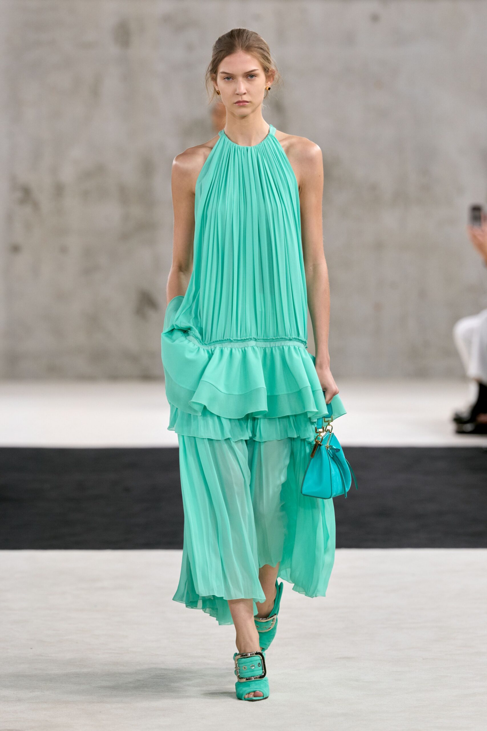 pleated halter chiffon maxi dress