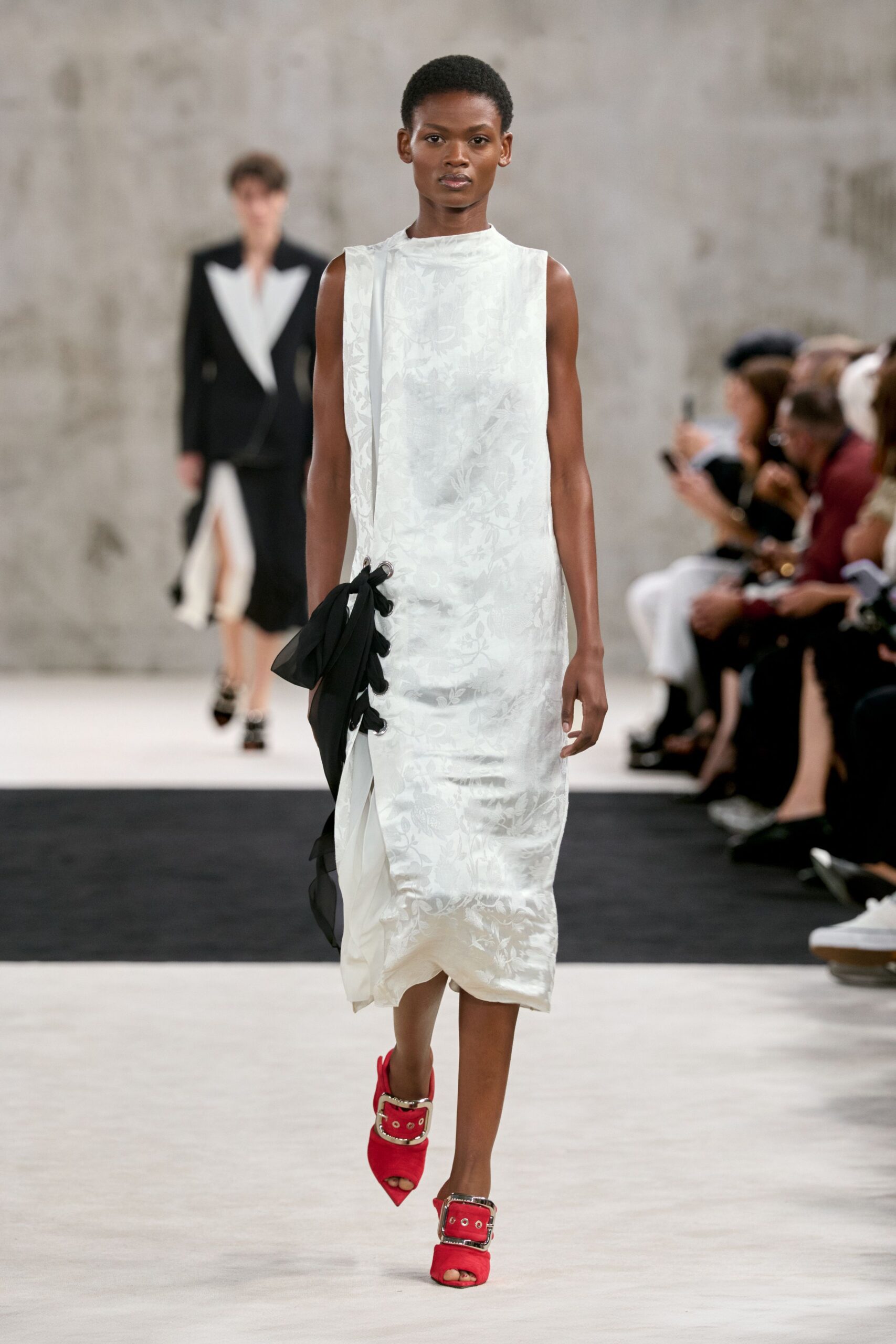 white satin sleeveless high-neck floral draped midi-dress