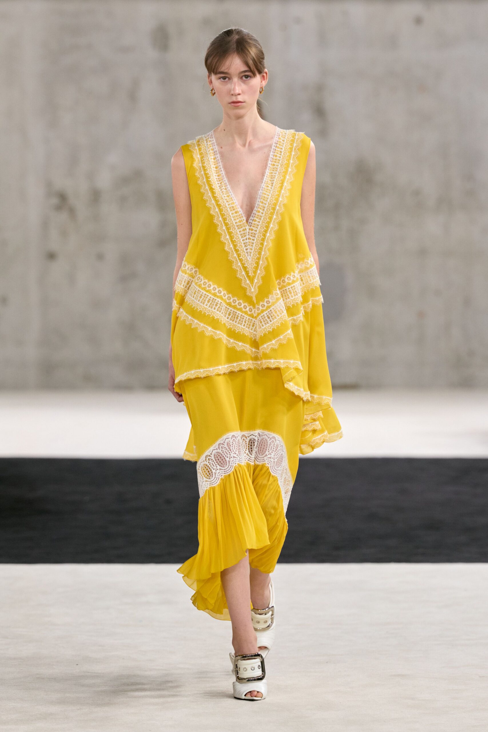 yellow lace-trim chiffon dress