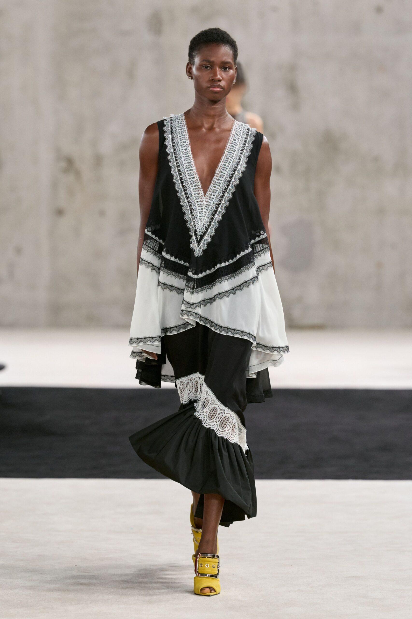 black and white lace-trim evening gown