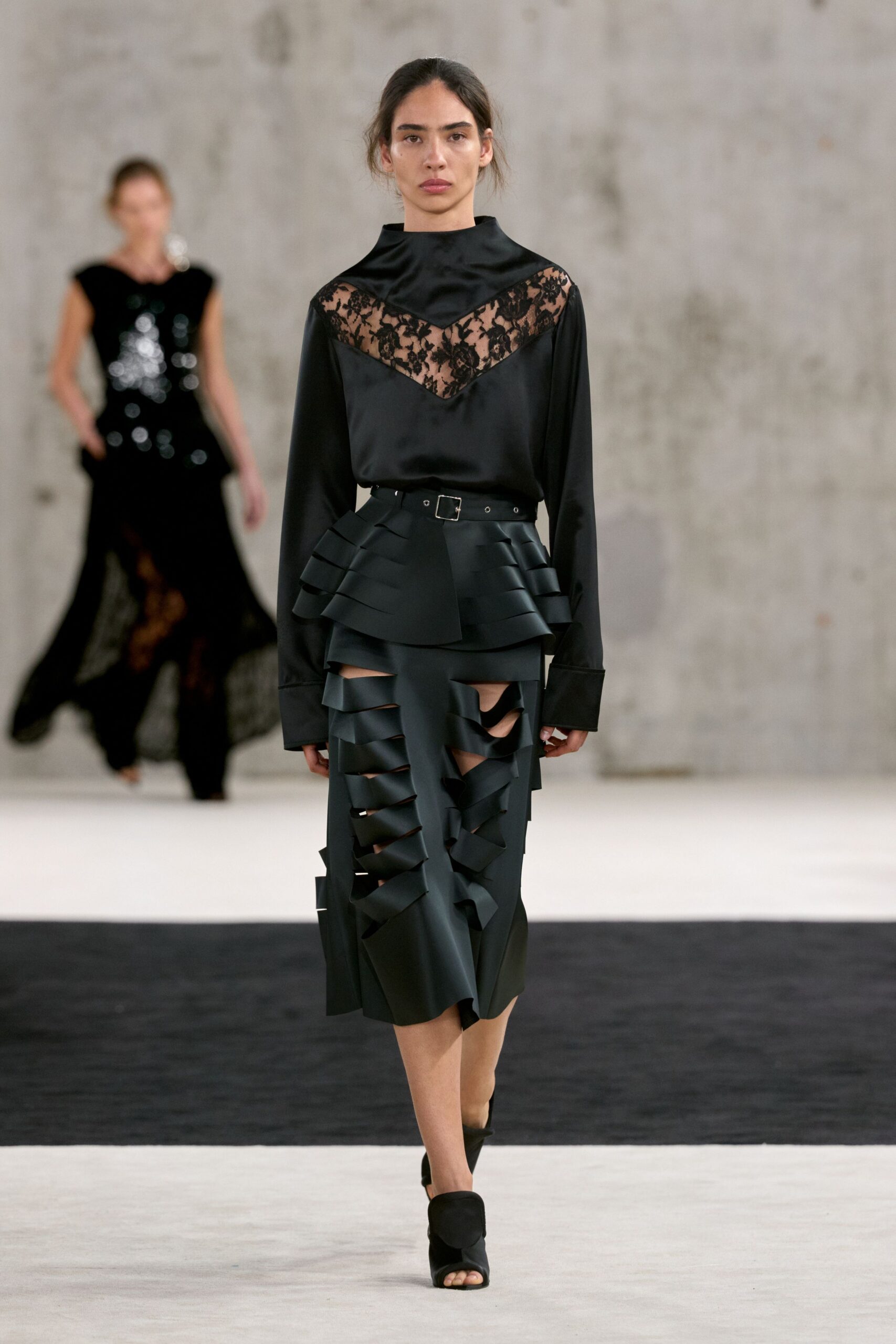 black lace yoke satin blouse
