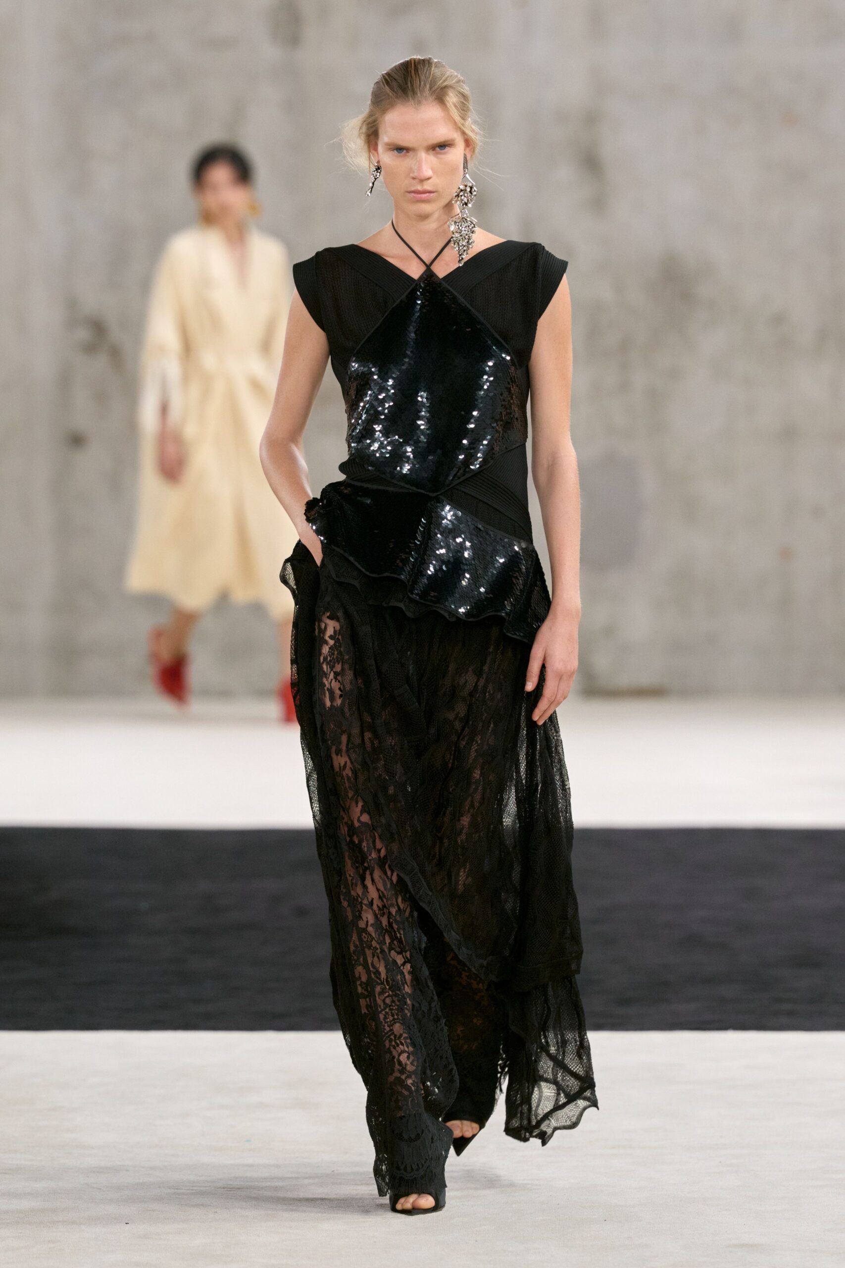 black sequined lace evening gown