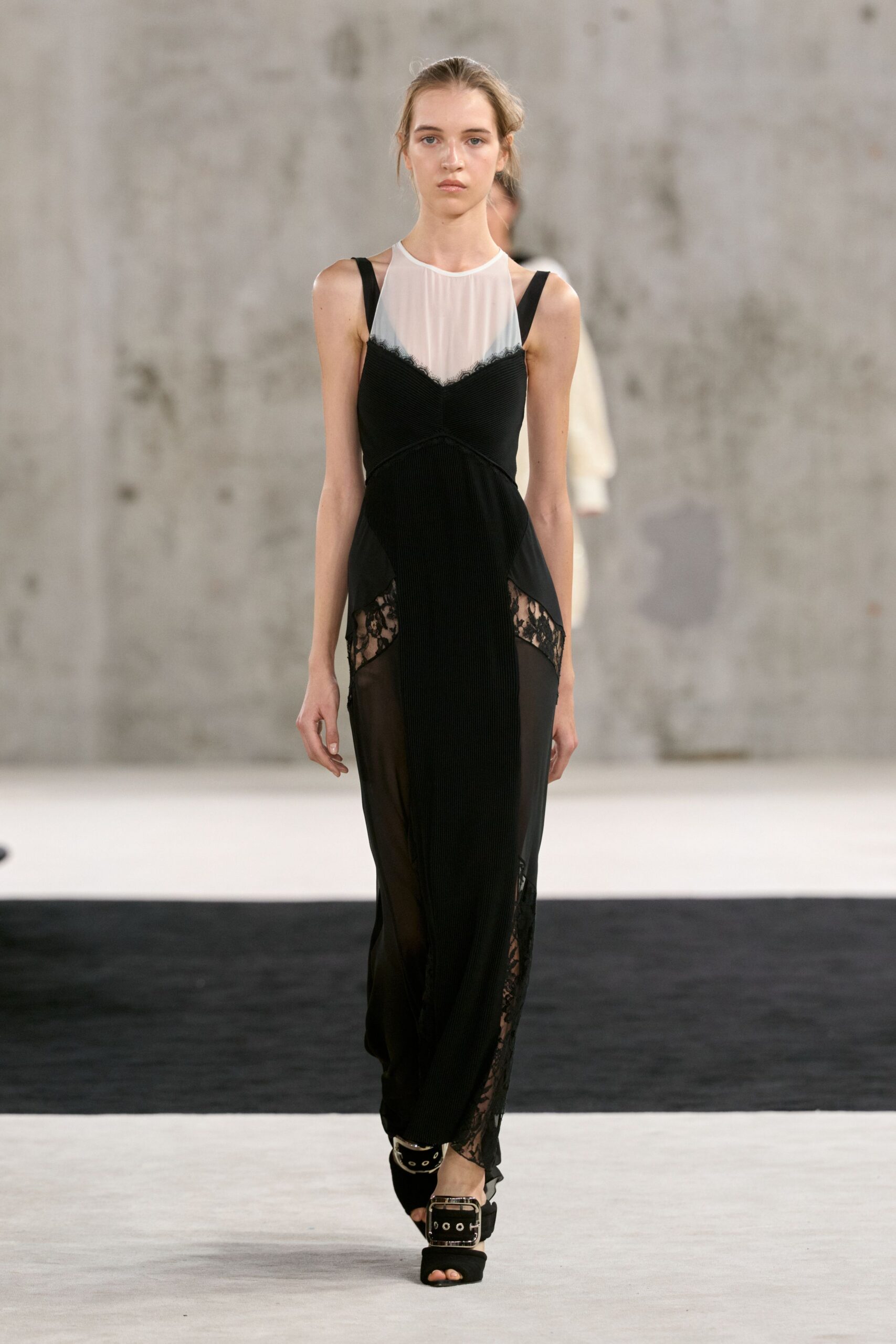 sheer panel lace inset evening gown