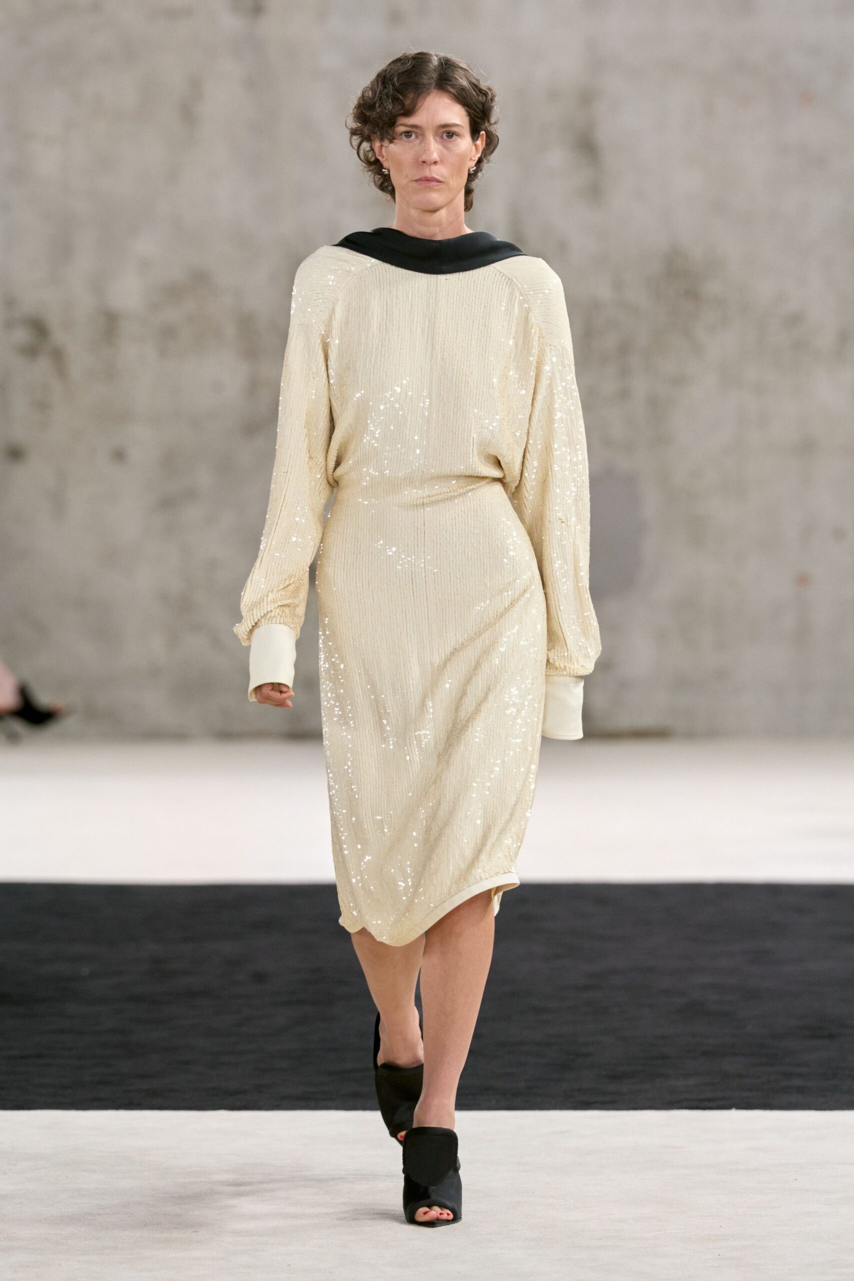 ivory sequin long-sleeve boat-neck sequined ribbed midi-dress