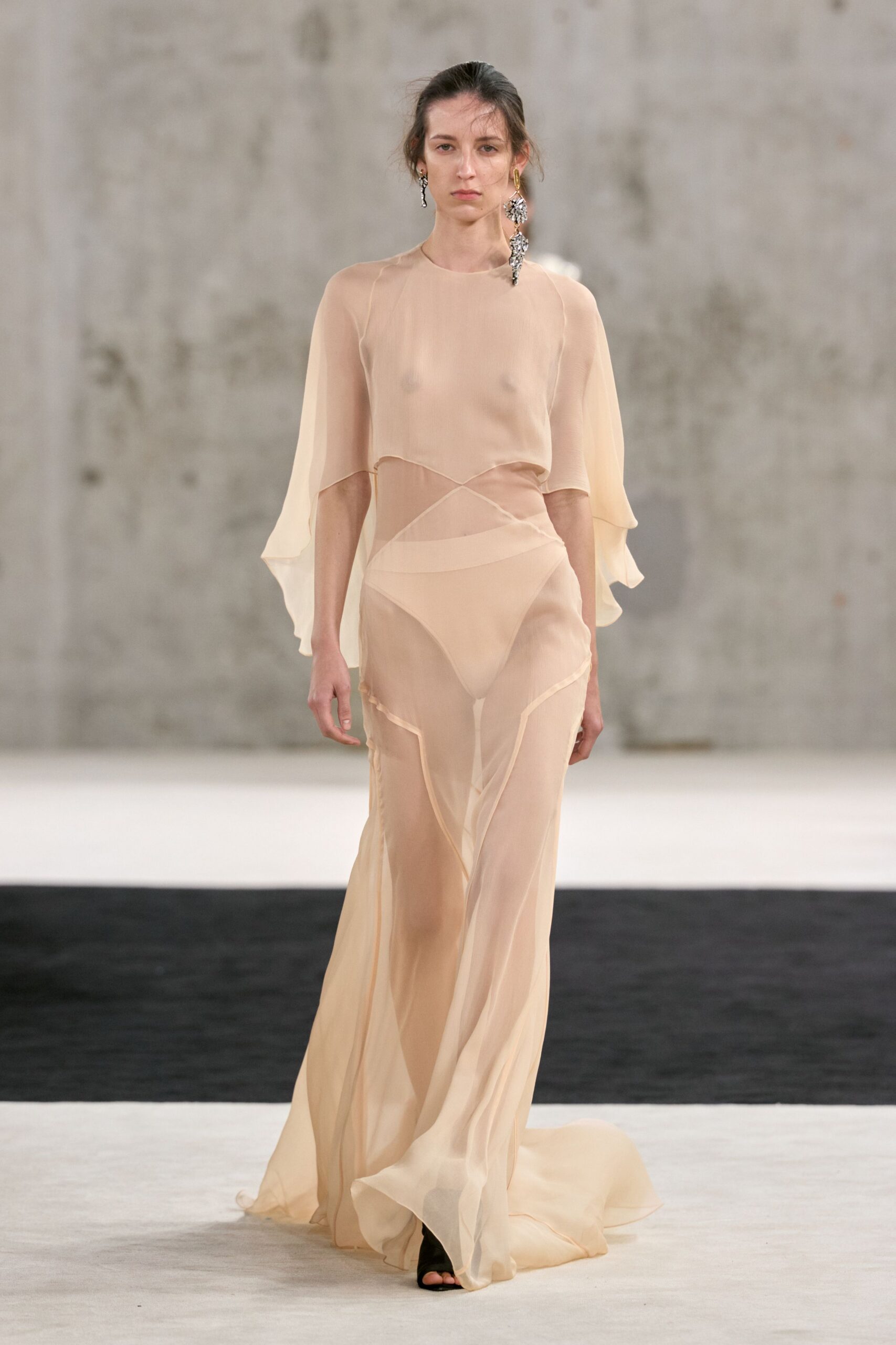 sheer draped chiffon evening gown