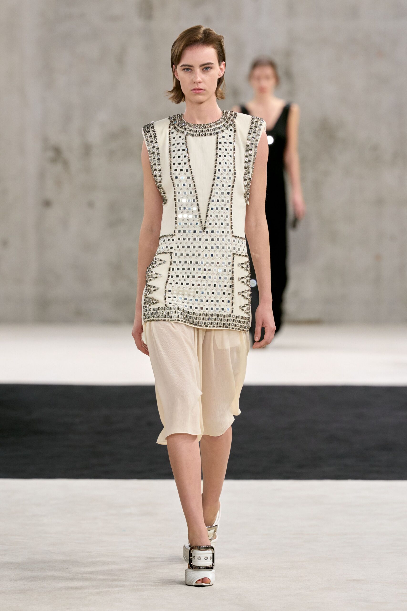 embellished ivory drop-waist dress